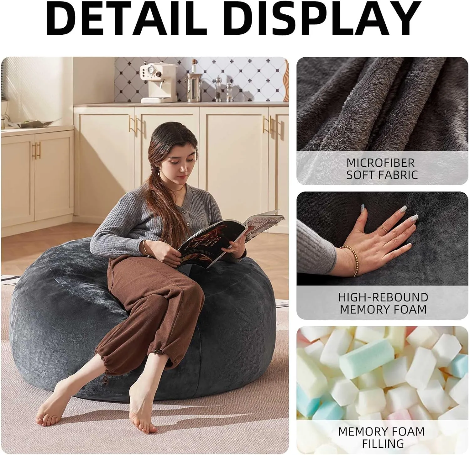 Bean Bag Chair 3Ft, Memory Foam Filled, Large Beanbag Chairs for Adults and Teens, Soft Sofa with Removable Flannel Cover, Round Couch for Living Room Bedroom College Dorm (Dark Gray, 3FT-36×36"×24")