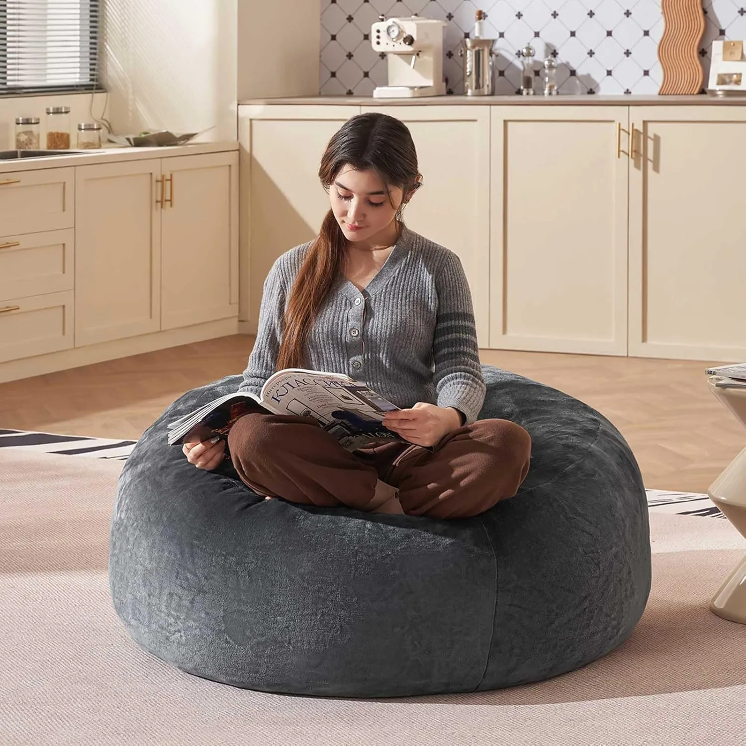 Bean Bag Chair 3Ft, Memory Foam Filled, Large Beanbag Chairs for Adults and Teens, Soft Sofa with Removable Flannel Cover, Round Couch for Living Room Bedroom College Dorm (Dark Gray, 3FT-36×36"×24")