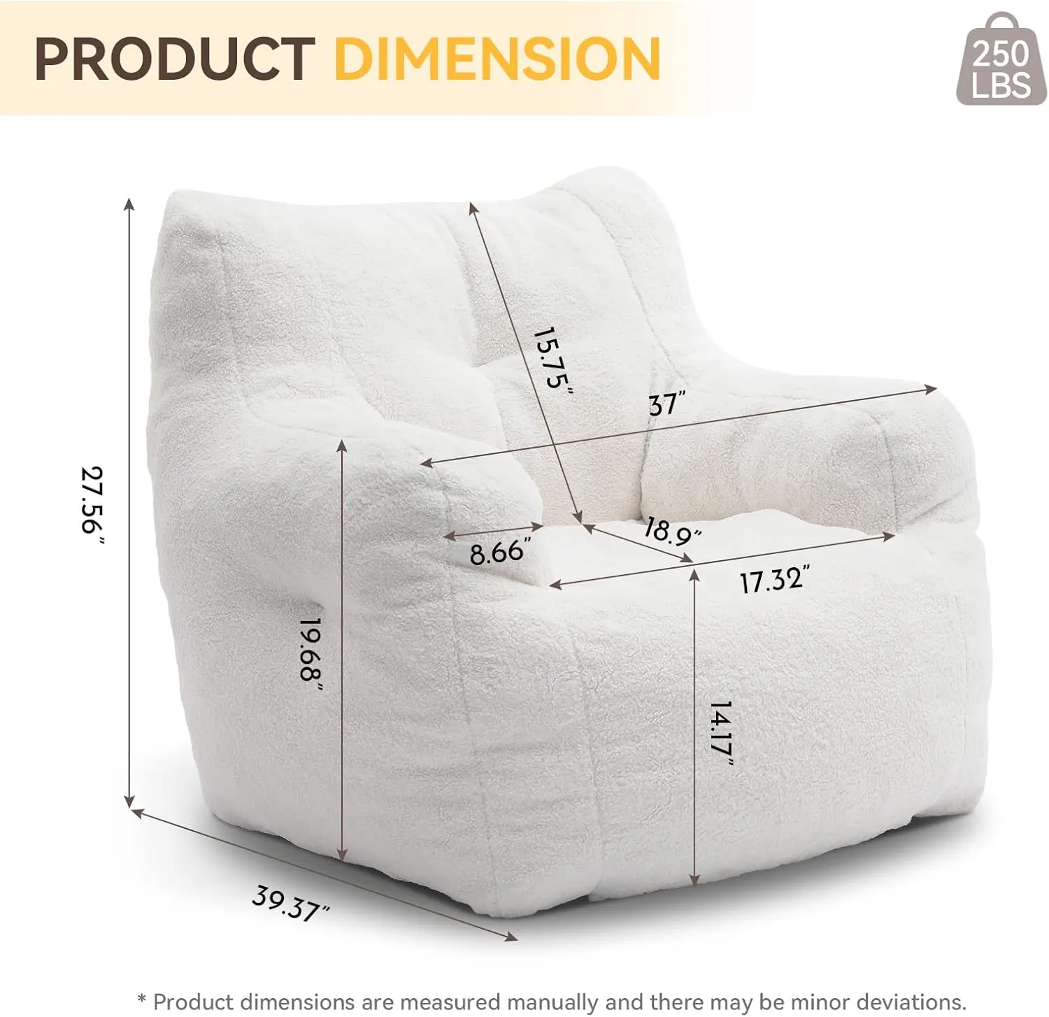 Bean Bag Chairs with Armrest,Soft Memory Foam Filler,Tufted Fabric Material Giant Lazy Sofa,Lounger Floor Chair for Adult,for Living Room,Bedroom(White)