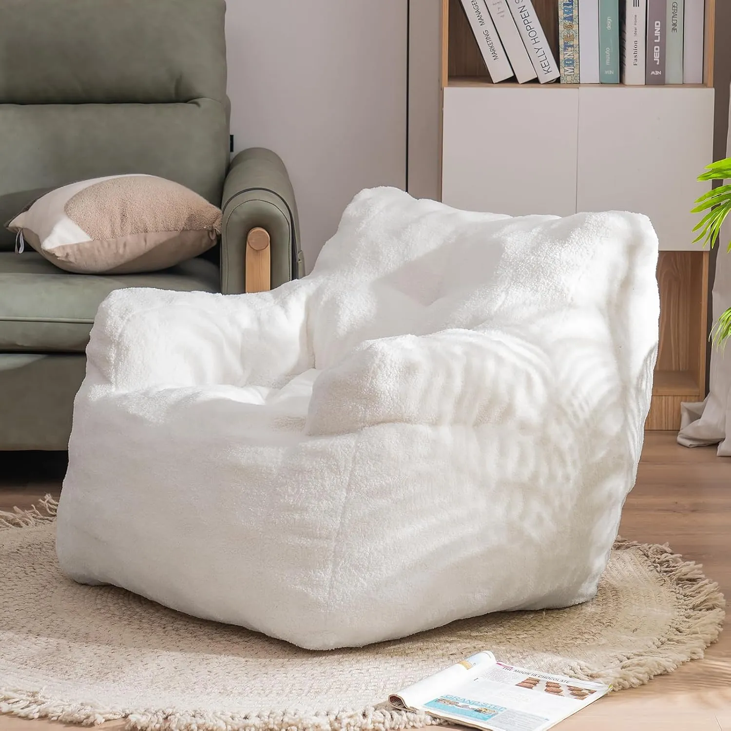 Bean Bag Chairs with Armrest,Soft Memory Foam Filler,Tufted Fabric Material Giant Lazy Sofa,Lounger Floor Chair for Adult,for Living Room,Bedroom(White)