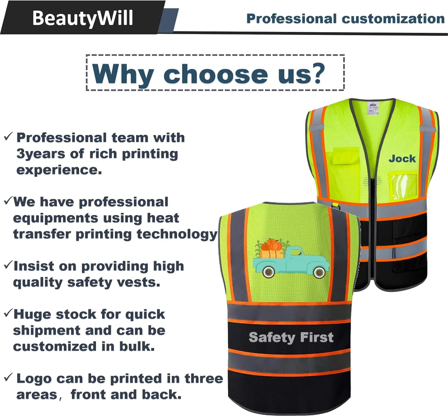 BeautyWill Custom Logo Safety Vest Class2 High Visibility Reflective Vest Breathable Construction Vest
