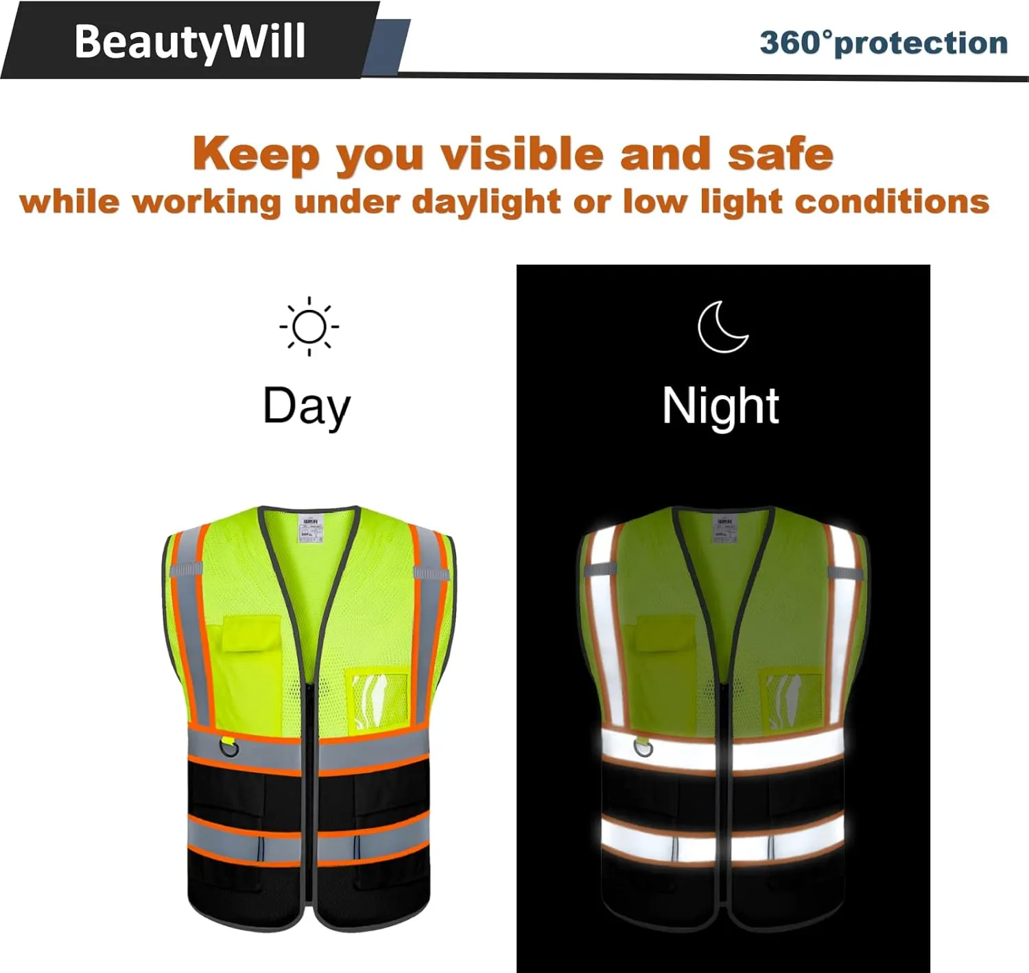 BeautyWill Custom Logo Safety Vest Class2 High Visibility Reflective Vest Breathable Construction Vest