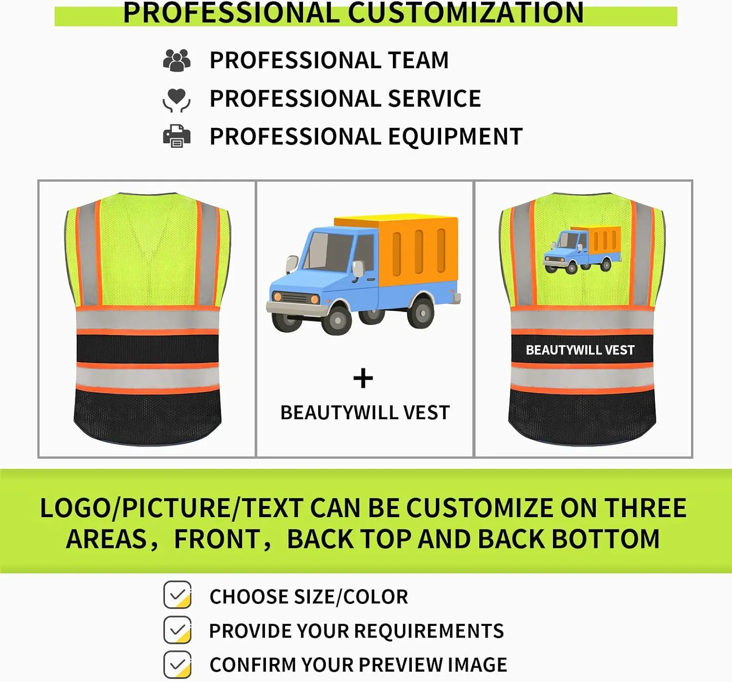 BeautyWill Custom Logo Safety Vest Class2 High Visibility Reflective Vest Breathable Construction Vest