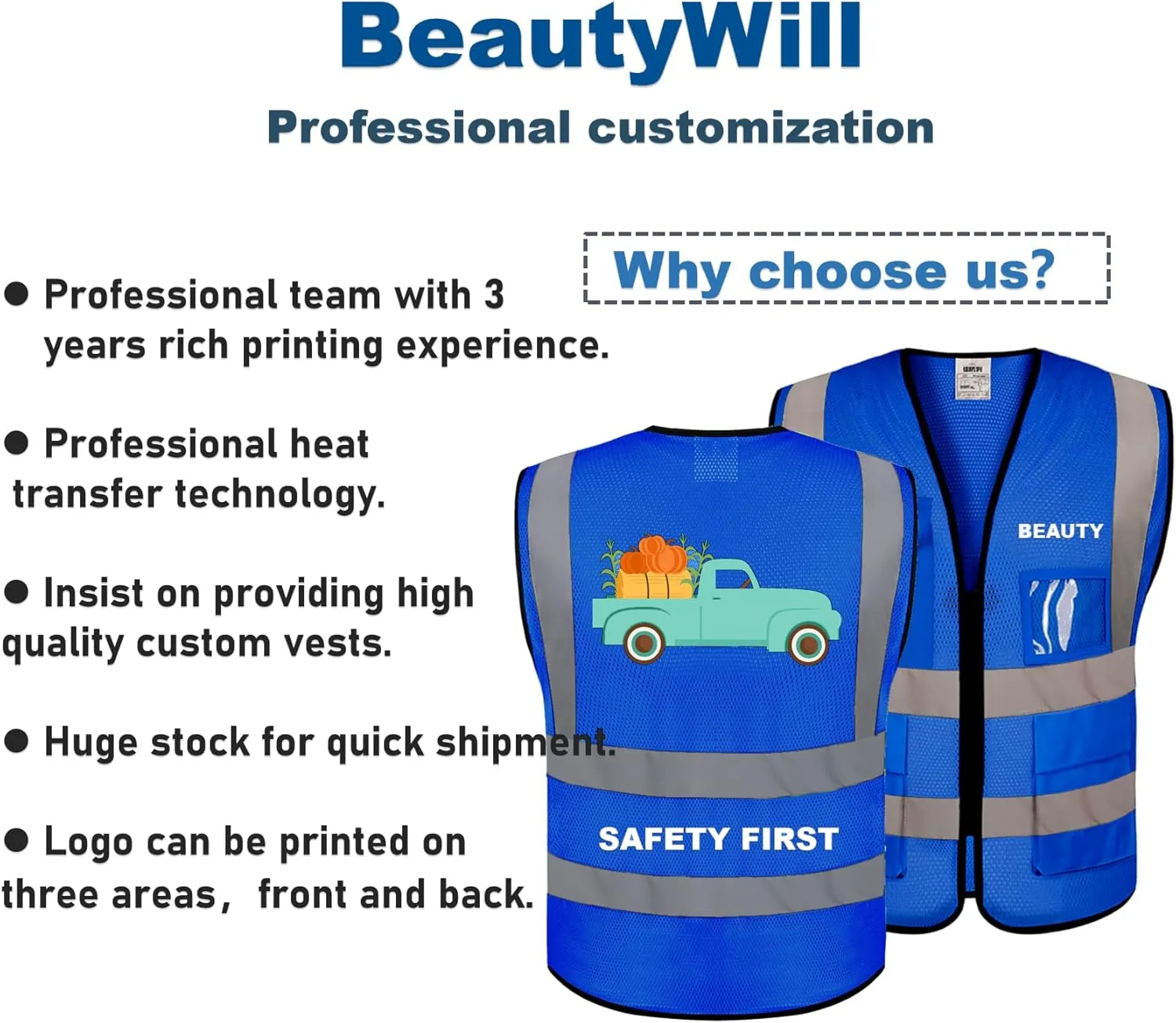 BeautyWill Custom Logo Safety Vest Class2 High Visibility Reflective Vest Breathable Construction Vest