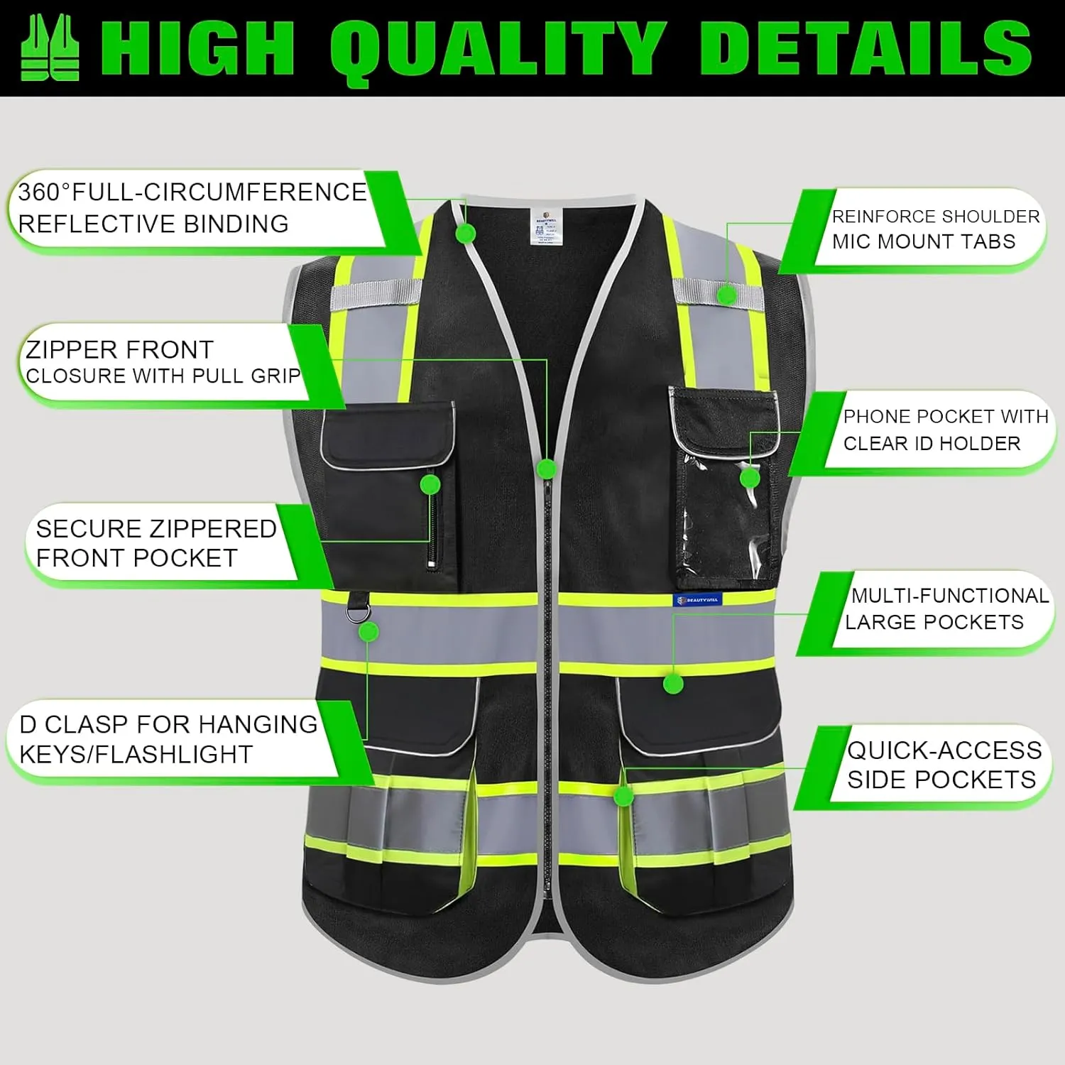 BeautyWill Custom Logo Safety Vest Class2 High Visibility Reflective Vest Breathable Construction Vest