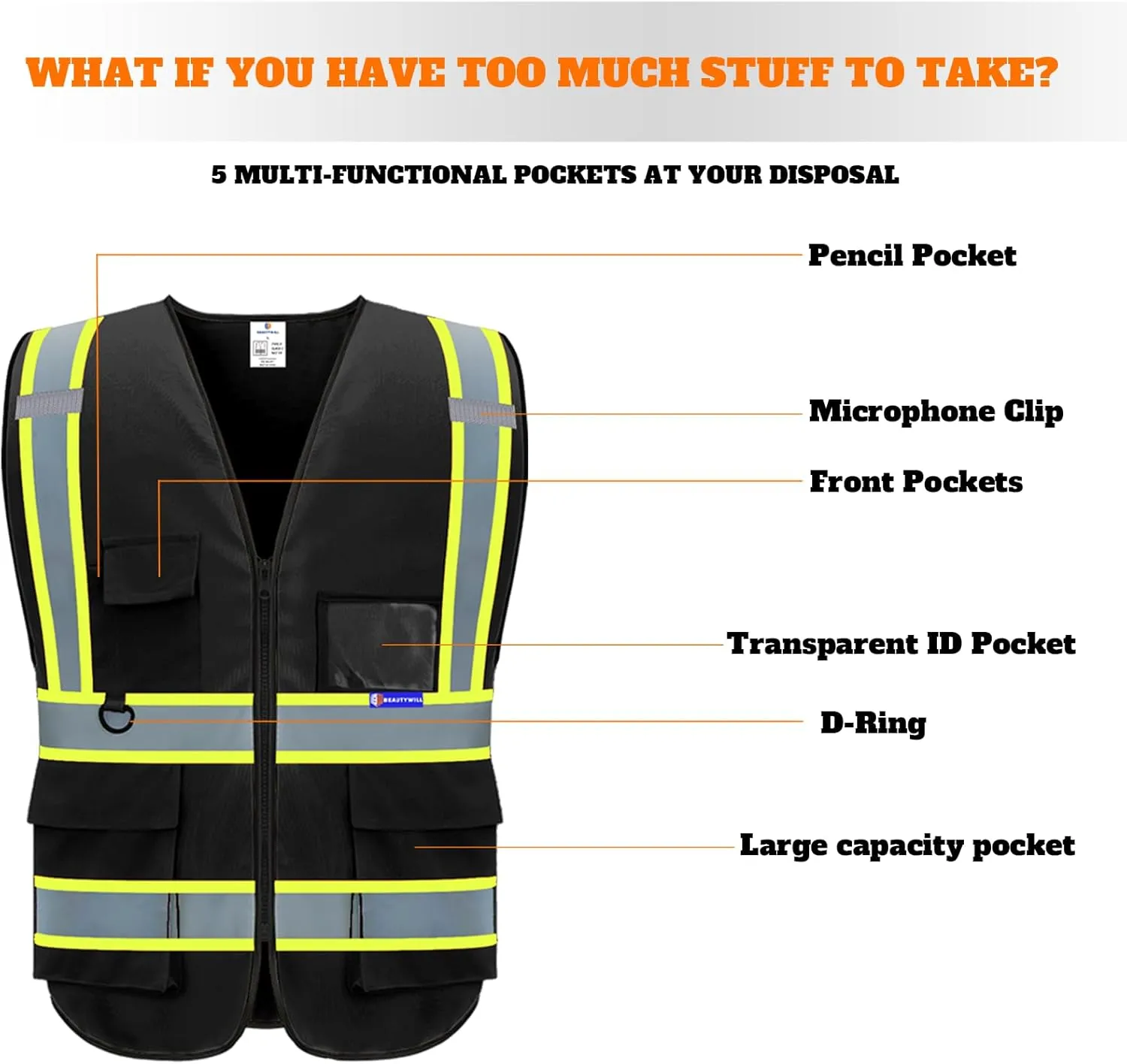 BeautyWill Custom Safety Vest Logo Class 2 High Visibility Reflevtive Vest Outdoor Protective Workwear