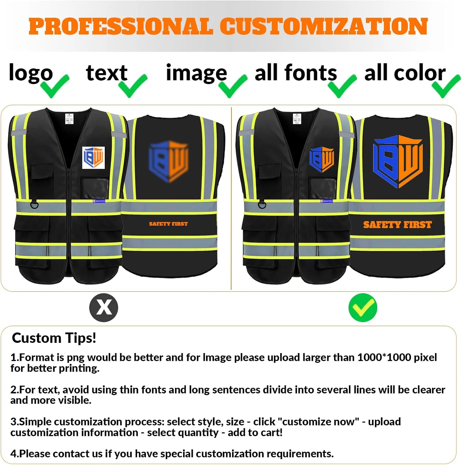 BeautyWill Custom Safety Vest Logo Class 2 High Visibility Reflevtive Vest Outdoor Protective Workwear