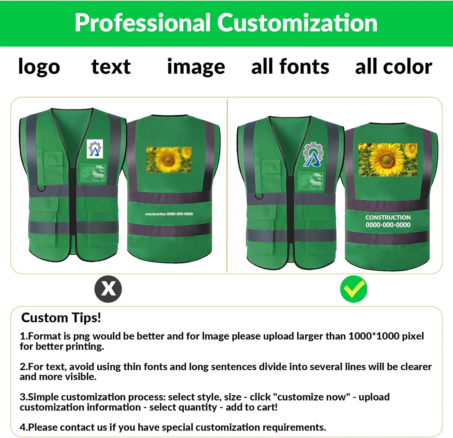 BeautyWill Custom Safety Vest logo Visibility Reflective Vest Class 2 Hi Vis Security Construction Work Vest