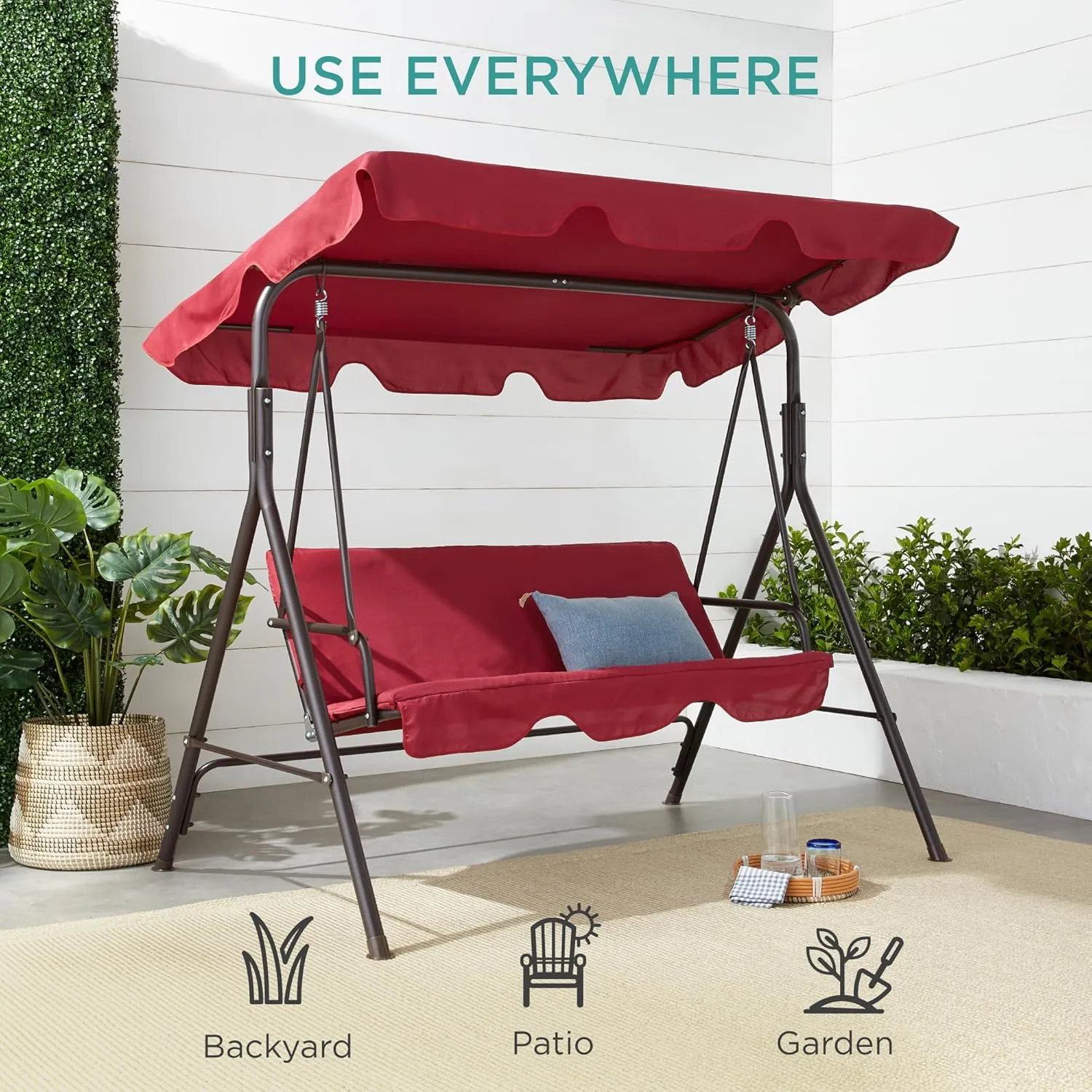 Best Choice Products 2-Person Outdoor Patio Swing Chair, Hanging Glider Porch Bench for Garden, Poolside, Backyard w/Convertible Canopy, Adjustable Shade, Removable Cushions - Burgundy