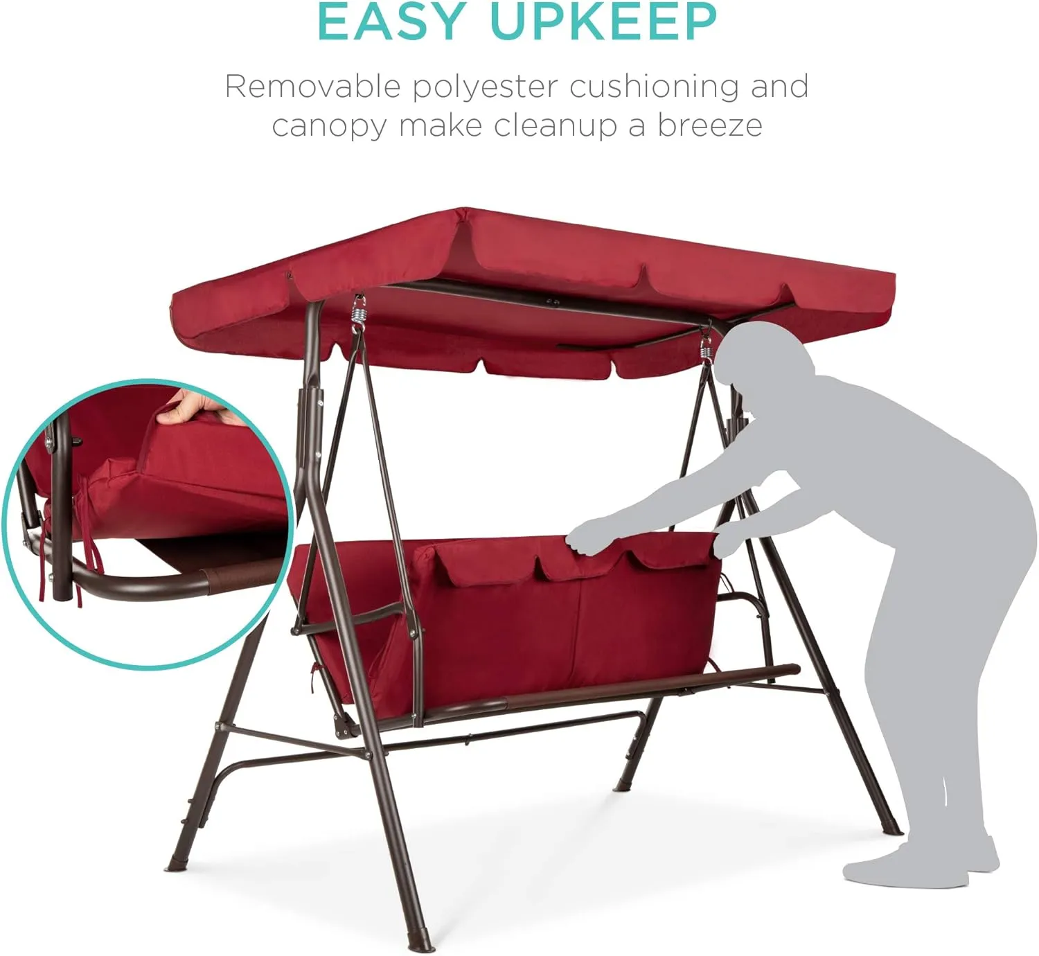 Best Choice Products 2-Person Outdoor Patio Swing Chair, Hanging Glider Porch Bench for Garden, Poolside, Backyard w/Convertible Canopy, Adjustable Shade, Removable Cushions - Burgundy