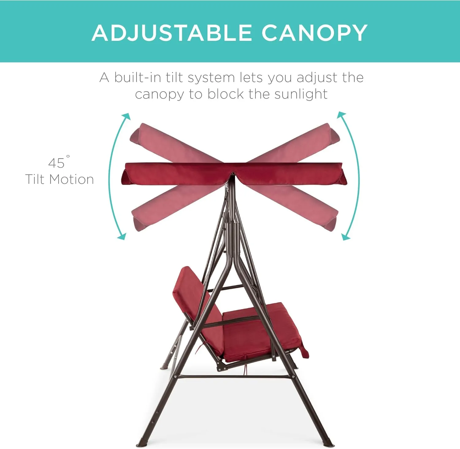 Best Choice Products 2-Person Outdoor Patio Swing Chair, Hanging Glider Porch Bench for Garden, Poolside, Backyard w/Convertible Canopy, Adjustable Shade, Removable Cushions - Burgundy