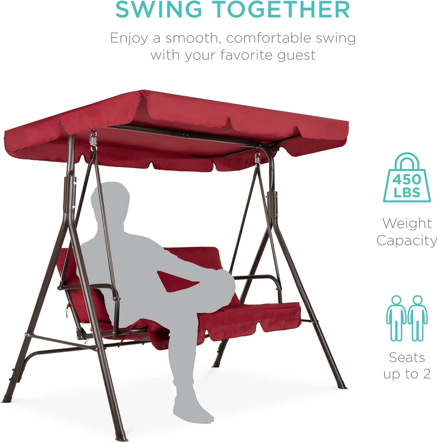 Best Choice Products 2-Person Outdoor Patio Swing Chair, Hanging Glider Porch Bench for Garden, Poolside, Backyard w/Convertible Canopy, Adjustable Shade, Removable Cushions - Burgundy
