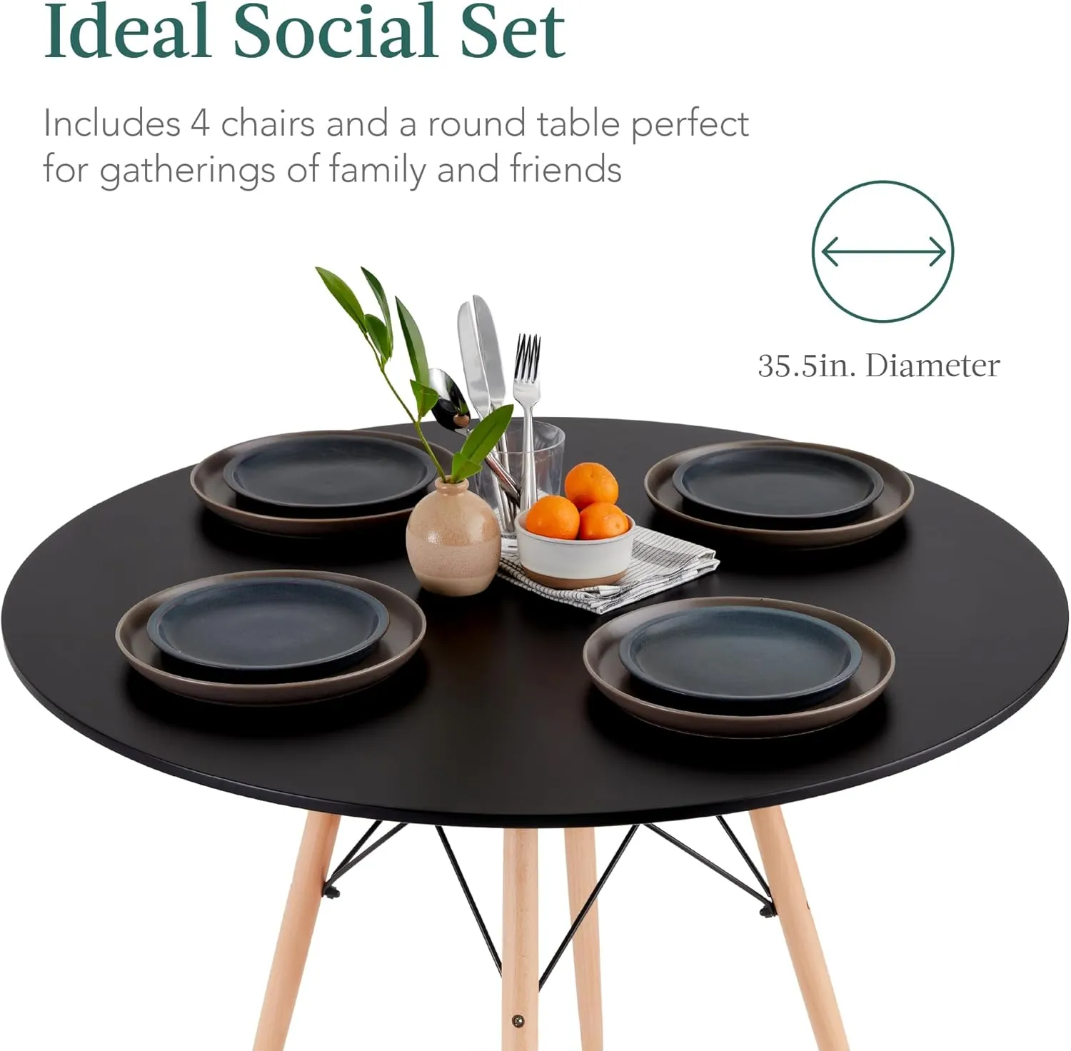 Best Choice Products 5-Piece Dining Set, Compact Mid-Century Modern Table & Chair Set for Home, Apartment w/ 4 Chairs, Plastic Seats, Wooden Legs, Metal Frame - Black/Oak