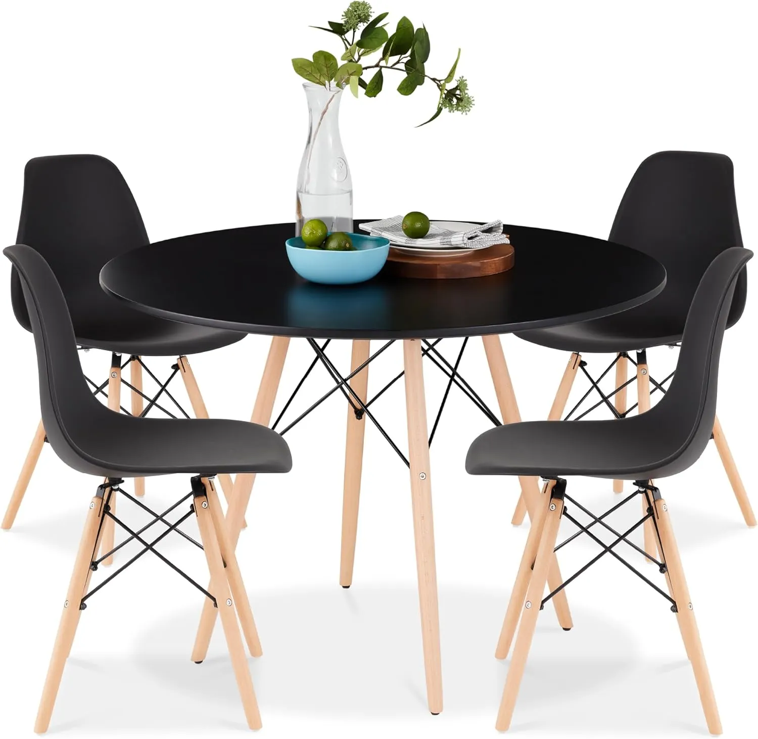 Best Choice Products 5-Piece Dining Set, Compact Mid-Century Modern Table & Chair Set for Home, Apartment w/ 4 Chairs, Plastic Seats, Wooden Legs, Metal Frame - Black/Oak