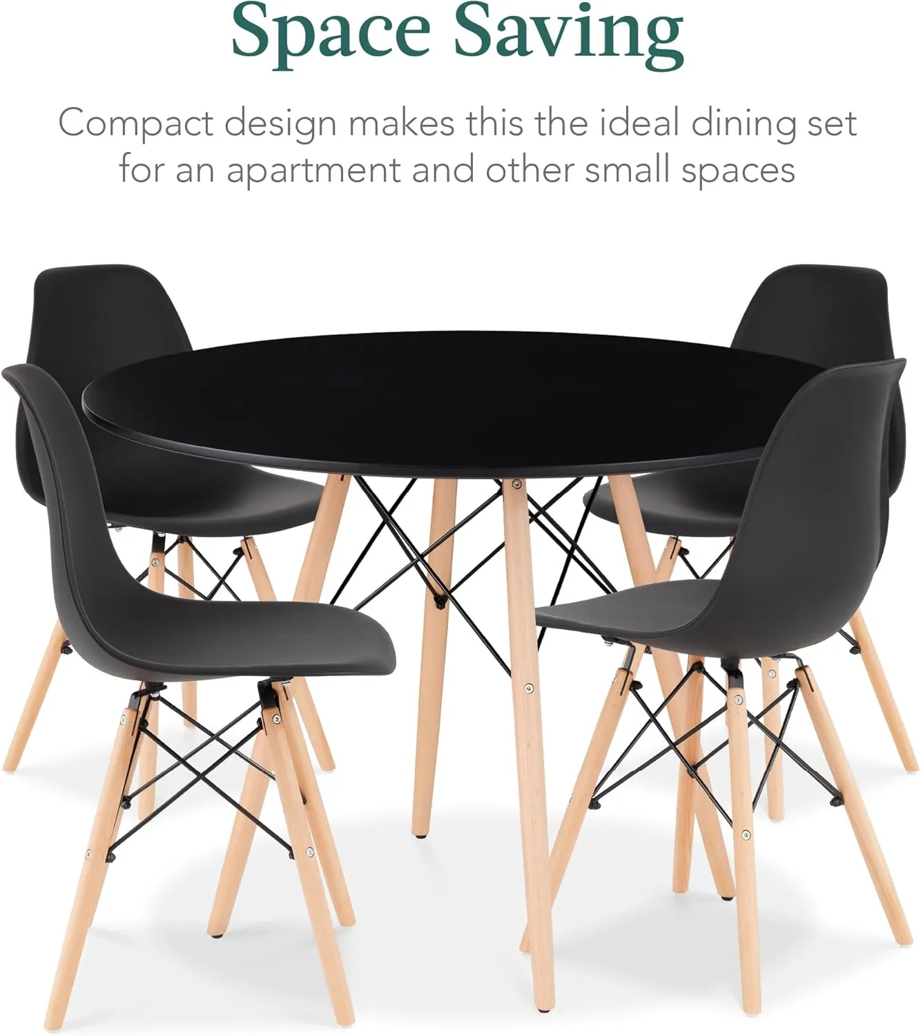 Best Choice Products 5-Piece Dining Set, Compact Mid-Century Modern Table & Chair Set for Home, Apartment w/ 4 Chairs, Plastic Seats, Wooden Legs, Metal Frame - Black/Oak
