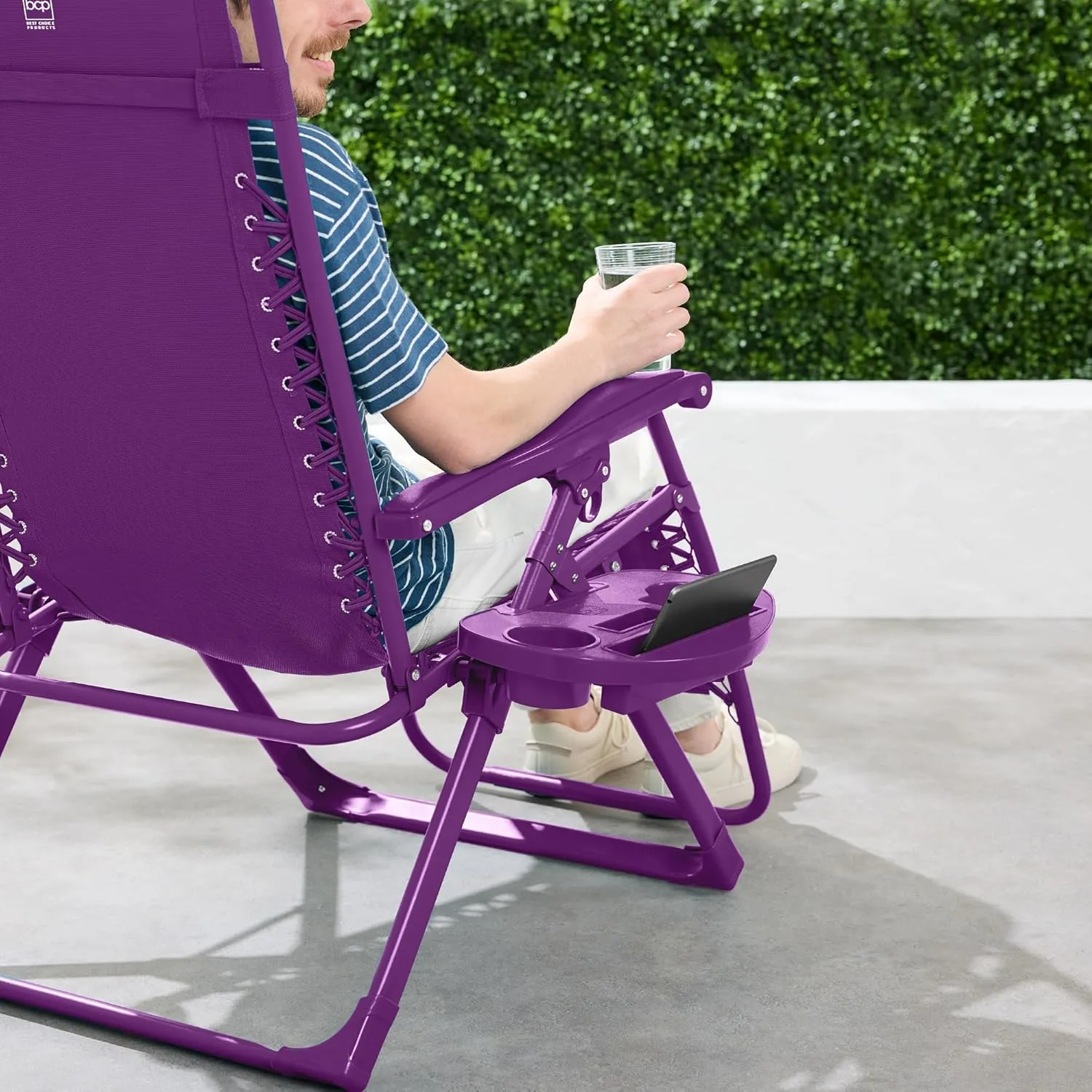 Best Choice Products Adjustable Zero Gravity Chair, Monochromatic Color Folding Patio Recliner w/Side Tray, Headrest - Amethyst