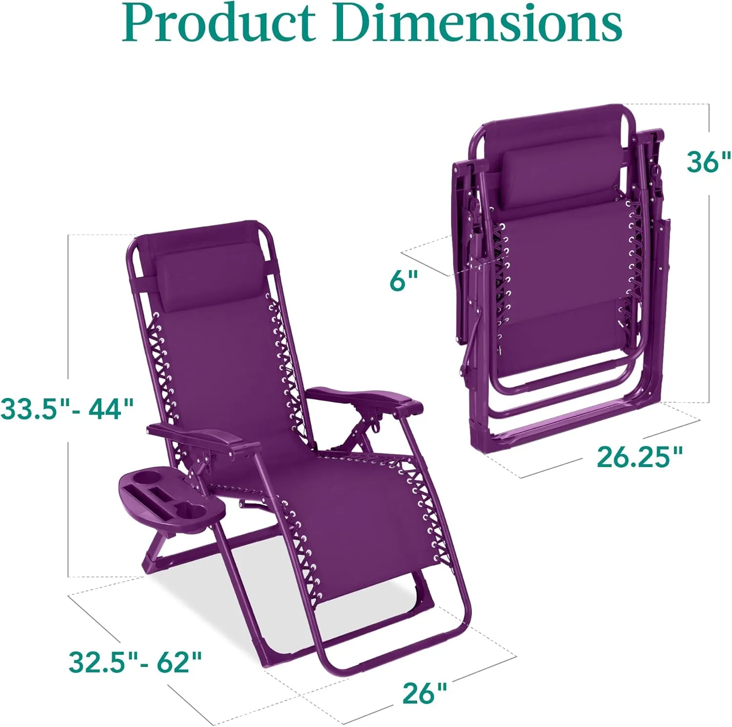 Best Choice Products Adjustable Zero Gravity Chair, Monochromatic Color Folding Patio Recliner w/Side Tray, Headrest - Amethyst