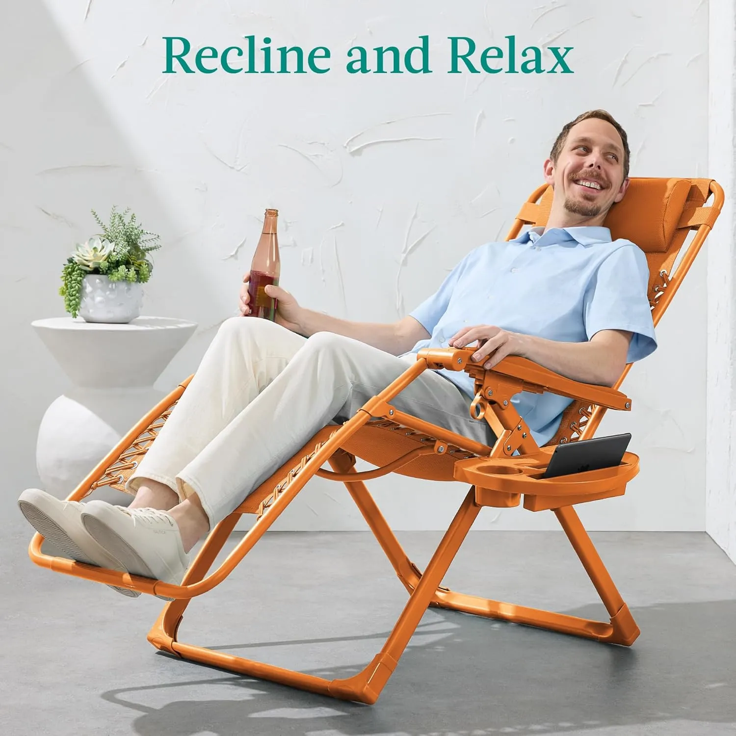 Best Choice Products Adjustable Zero Gravity Chair, Monochromatic Color Folding Patio Recliner w/Side Tray, Headrest - Tangerine