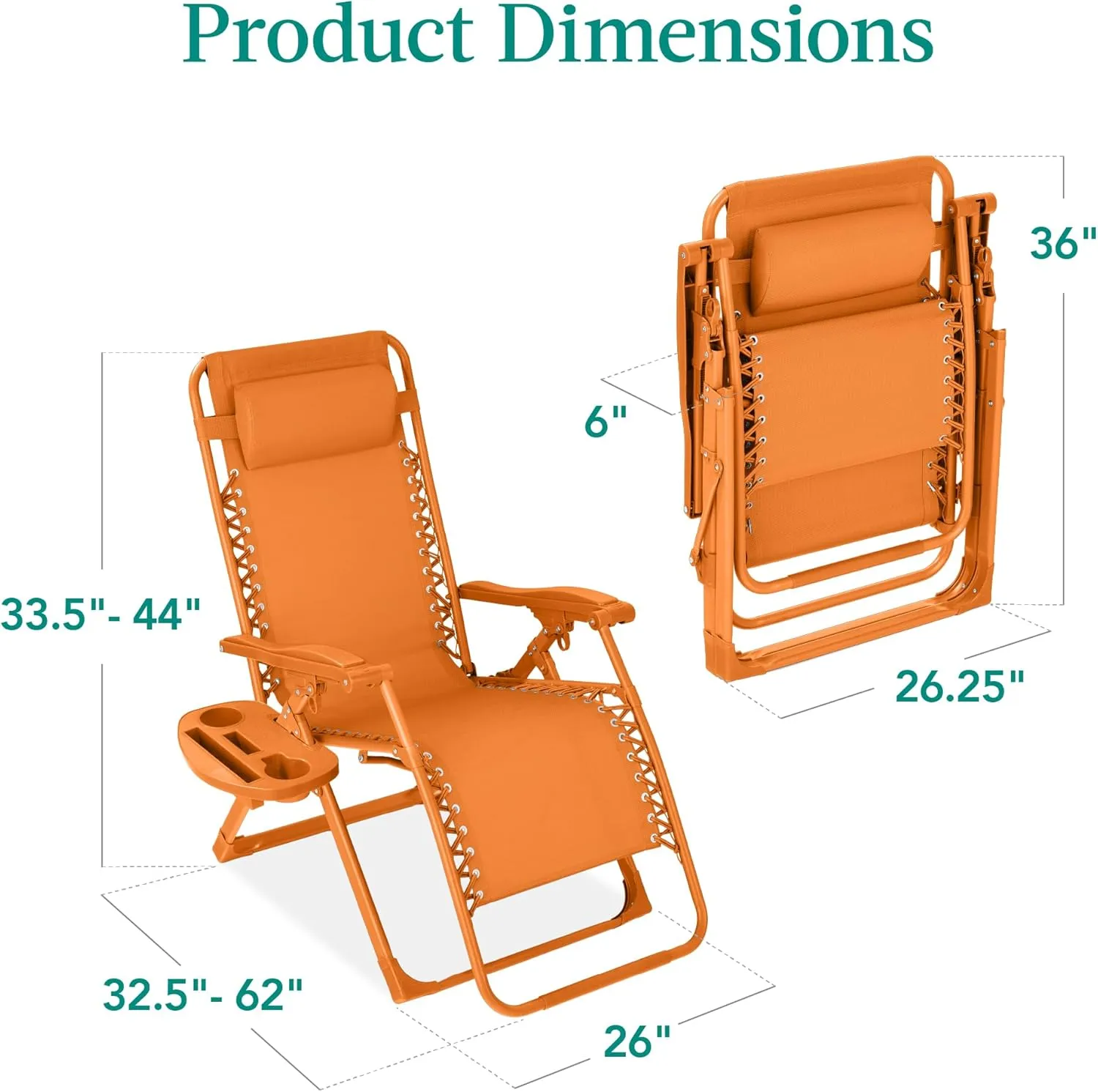 Best Choice Products Adjustable Zero Gravity Chair, Monochromatic Color Folding Patio Recliner w/Side Tray, Headrest - Tangerine