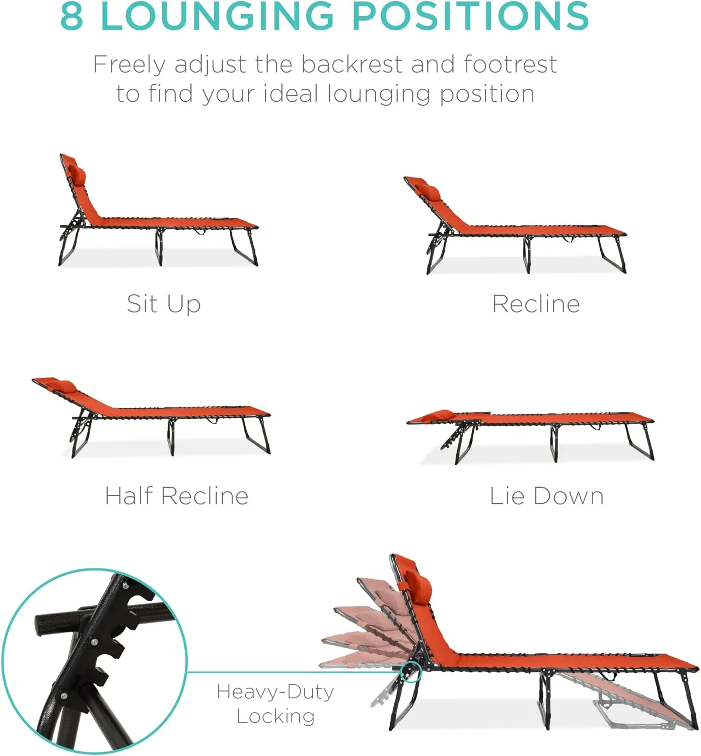 Best Choice Products Patio Chaise Lounge Chair, Portable Outdoor Folding Recliner for Lawn, w/ 8 Positions, Handles, 300lb Capacity - Burnt Orange