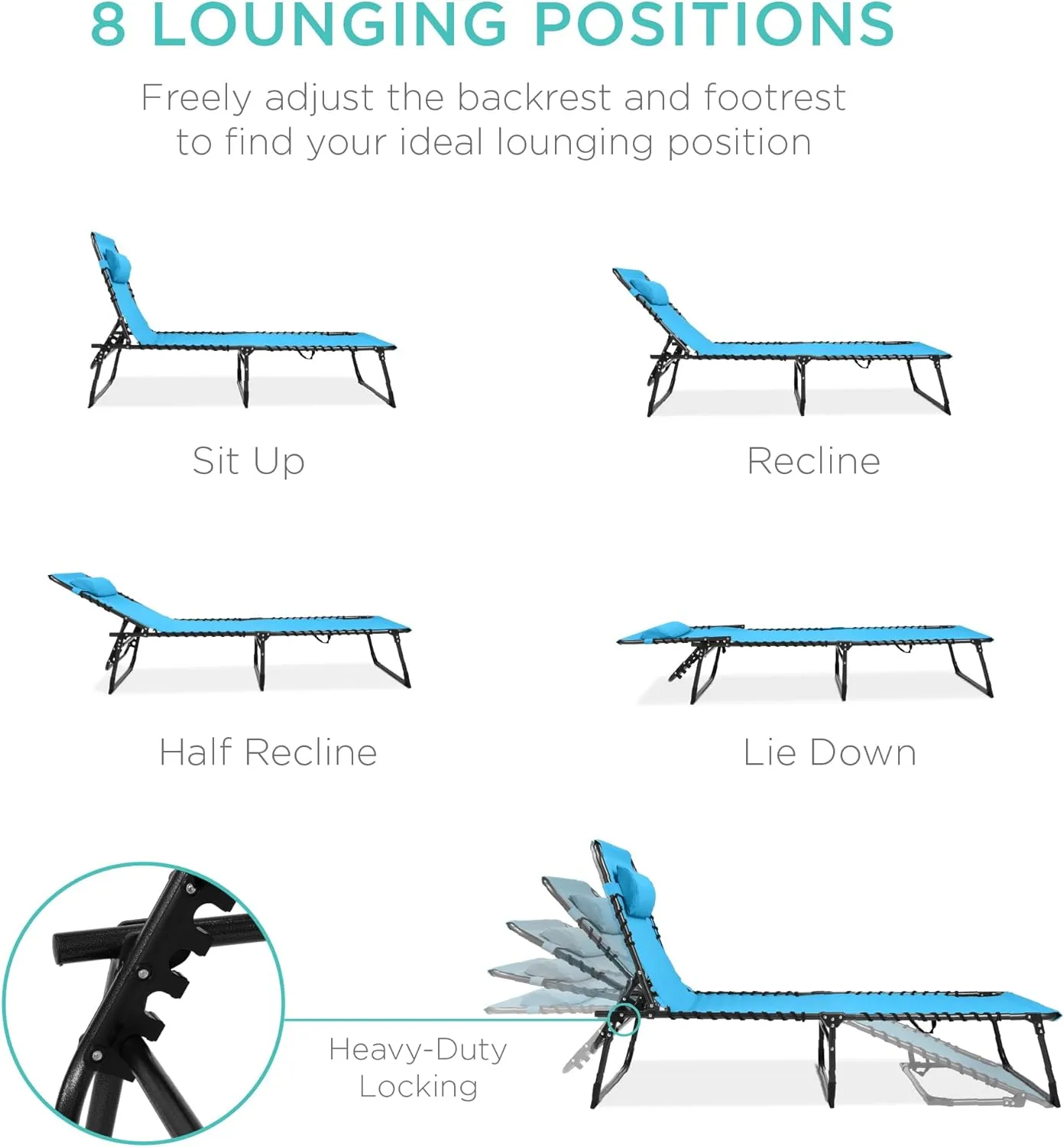 Best Choice Products Patio Chaise Lounge Chair, Portable Outdoor Folding Recliner for Lawn, w/ 8 Positions, Handles, 300lb Capacity - Light Blue
