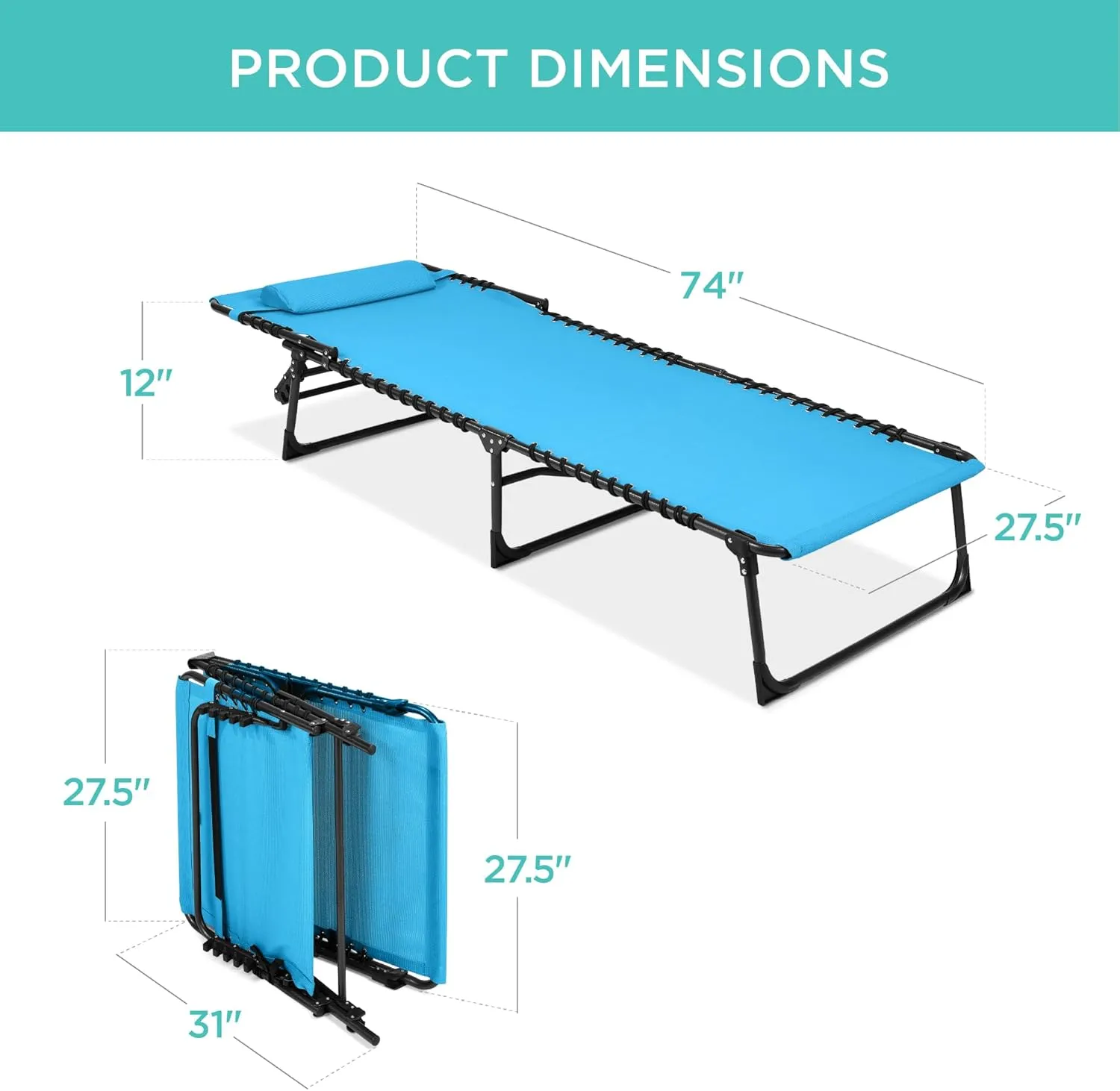 Best Choice Products Patio Chaise Lounge Chair, Portable Outdoor Folding Recliner for Lawn, w/ 8 Positions, Handles, 300lb Capacity - Light Blue