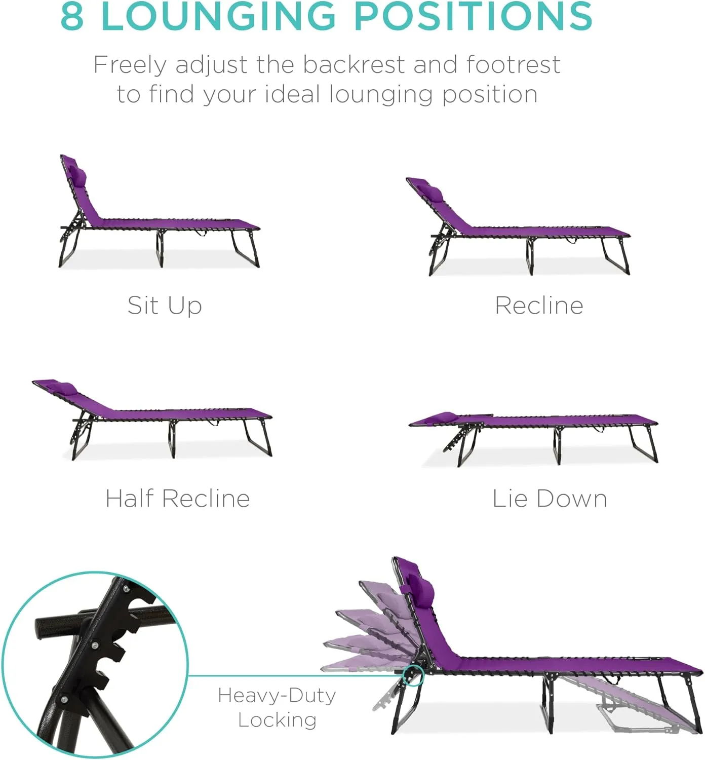 Best Choice Products Patio Chaise Lounge Chair, Portable Outdoor Folding Recliner for Lawn, w/ 8 Positions, Handles, 300lb Capacity - Purple