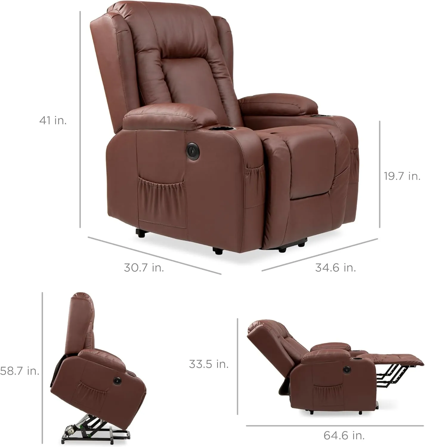 Best Choice Products PU Leather Electric Power Lift Chair, Recliner Massage Chair, Adjustable Furniture for Back, Legs w/ 3 Positions, USB Port, Heat, Cupholders, Easy-to-Reach Side Button - Brown