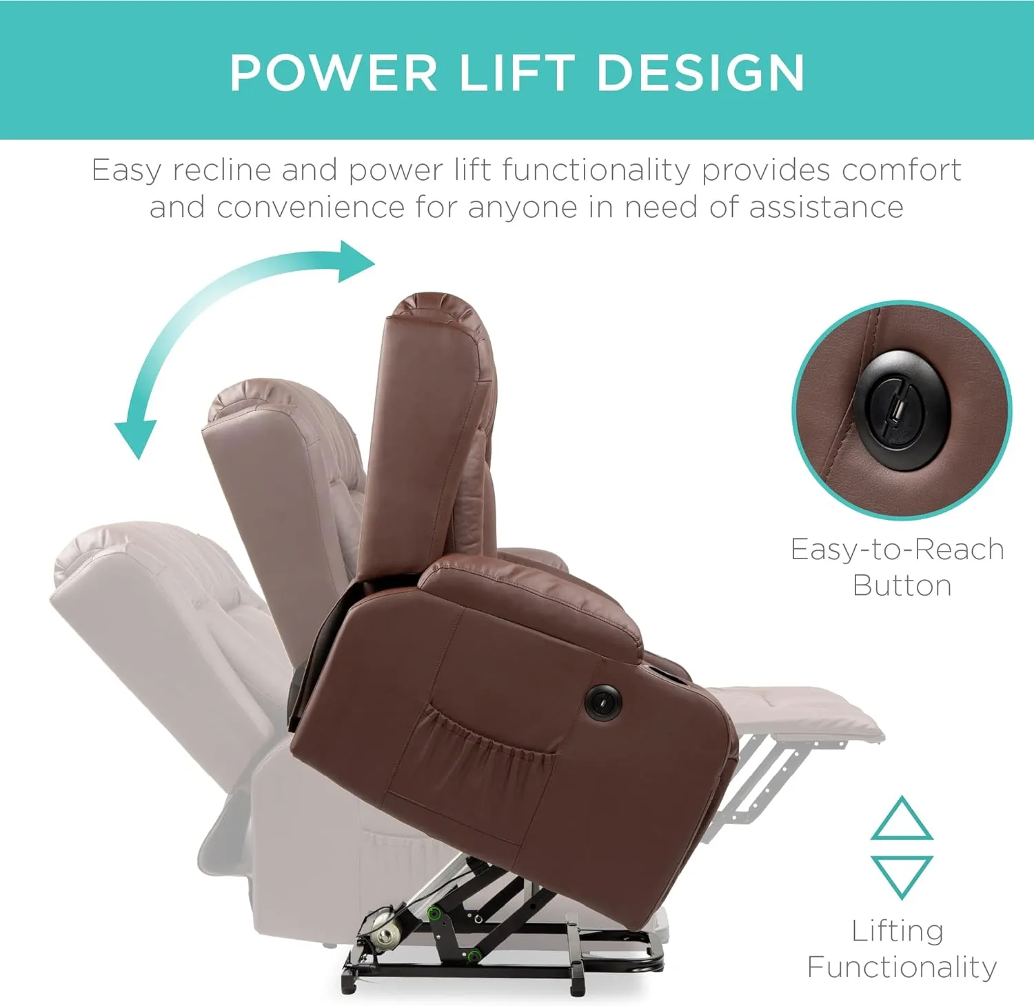Best Choice Products PU Leather Electric Power Lift Chair, Recliner Massage Chair, Adjustable Furniture for Back, Legs w/ 3 Positions, USB Port, Heat, Cupholders, Easy-to-Reach Side Button - Brown