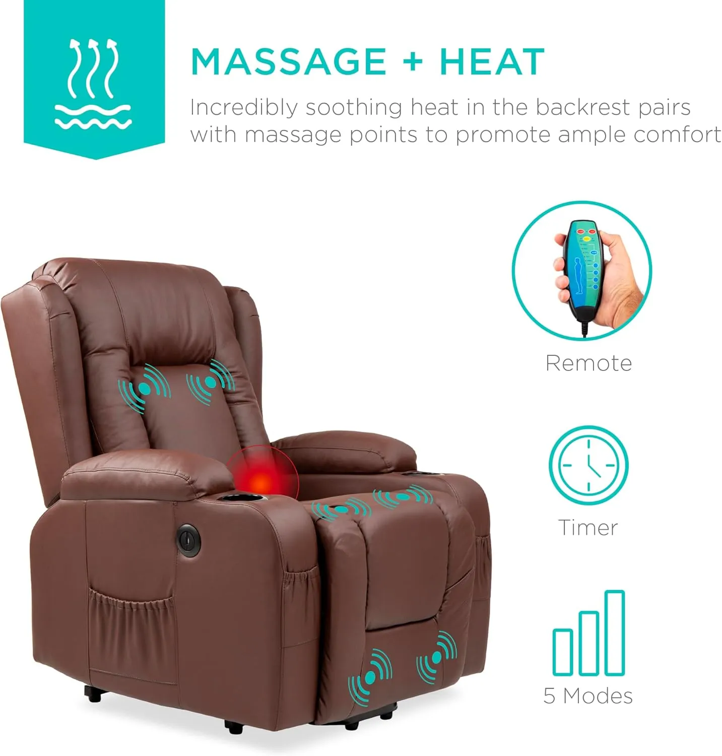 Best Choice Products PU Leather Electric Power Lift Chair, Recliner Massage Chair, Adjustable Furniture for Back, Legs w/ 3 Positions, USB Port, Heat, Cupholders, Easy-to-Reach Side Button - Brown