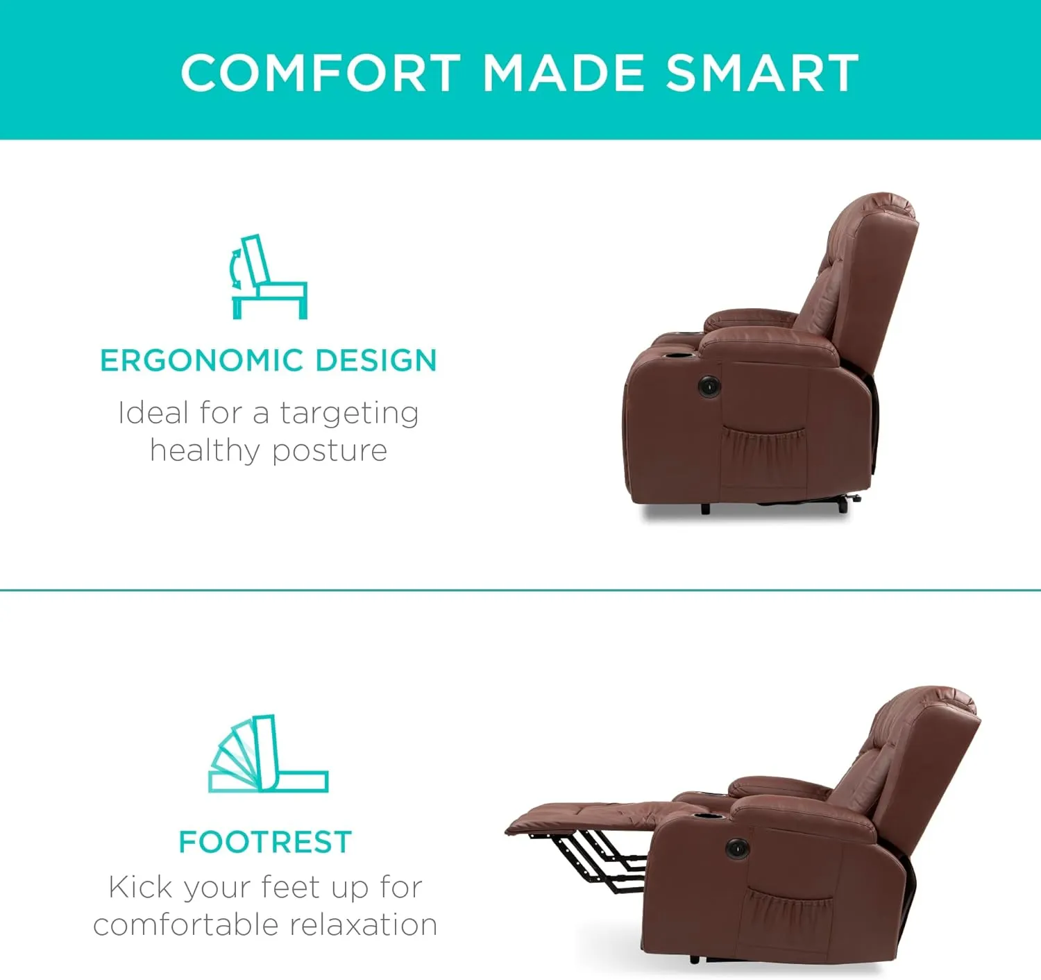 Best Choice Products PU Leather Electric Power Lift Chair, Recliner Massage Chair, Adjustable Furniture for Back, Legs w/ 3 Positions, USB Port, Heat, Cupholders, Easy-to-Reach Side Button - Brown
