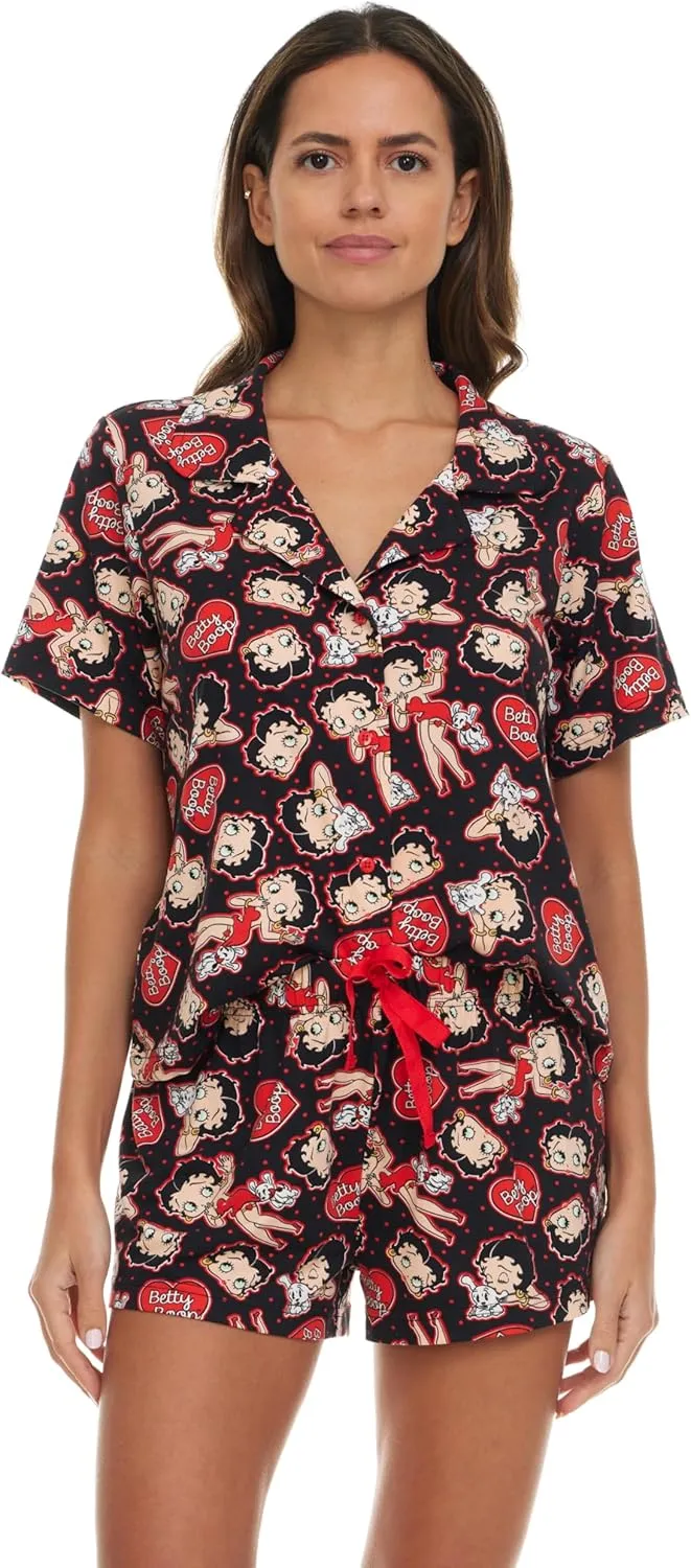 Betty Boop Women’s Pajama Set, Soft Stretchy Pajama Shorts & Short Sleeve, Notch Collar, Button Down Top
