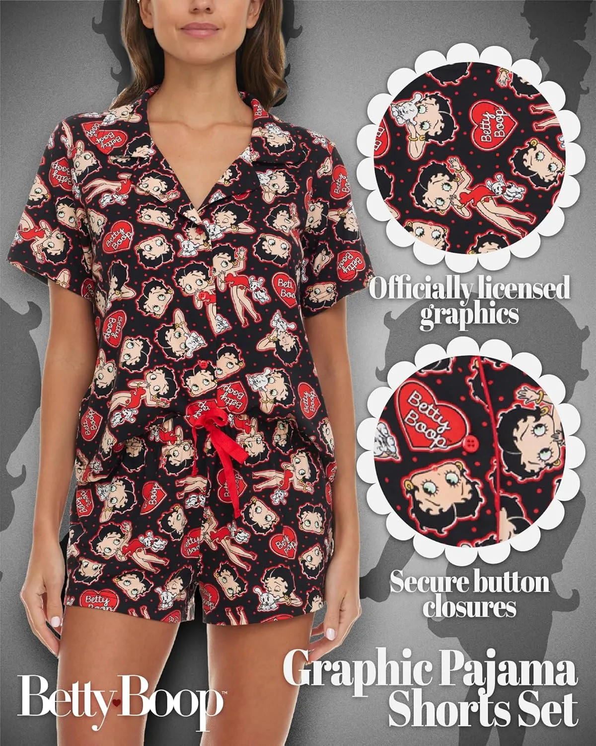 Betty Boop Women’s Pajama Set, Soft Stretchy Pajama Shorts & Short Sleeve, Notch Collar, Button Down Top