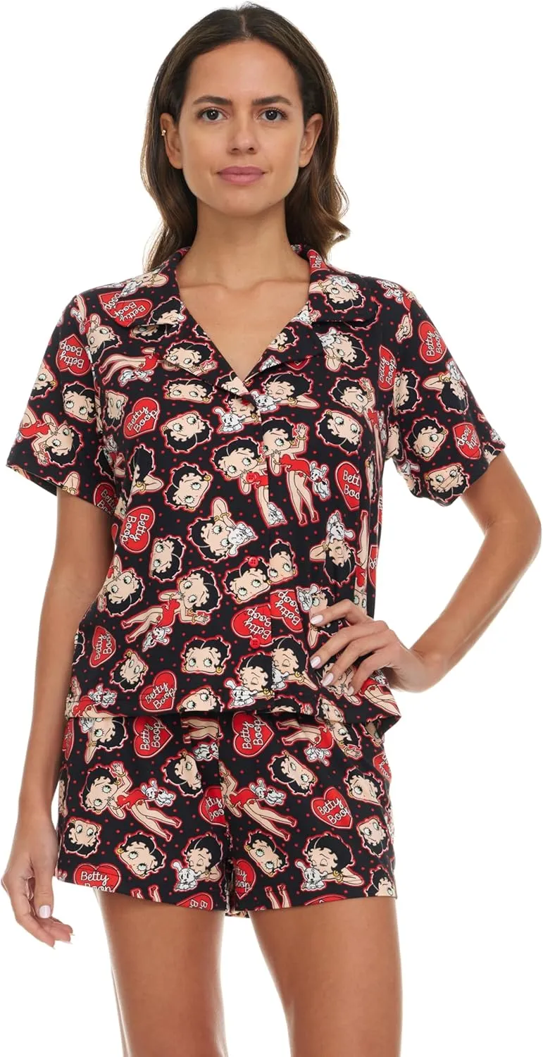 Betty Boop Women’s Pajama Set, Soft Stretchy Pajama Shorts & Short Sleeve, Notch Collar, Button Down Top