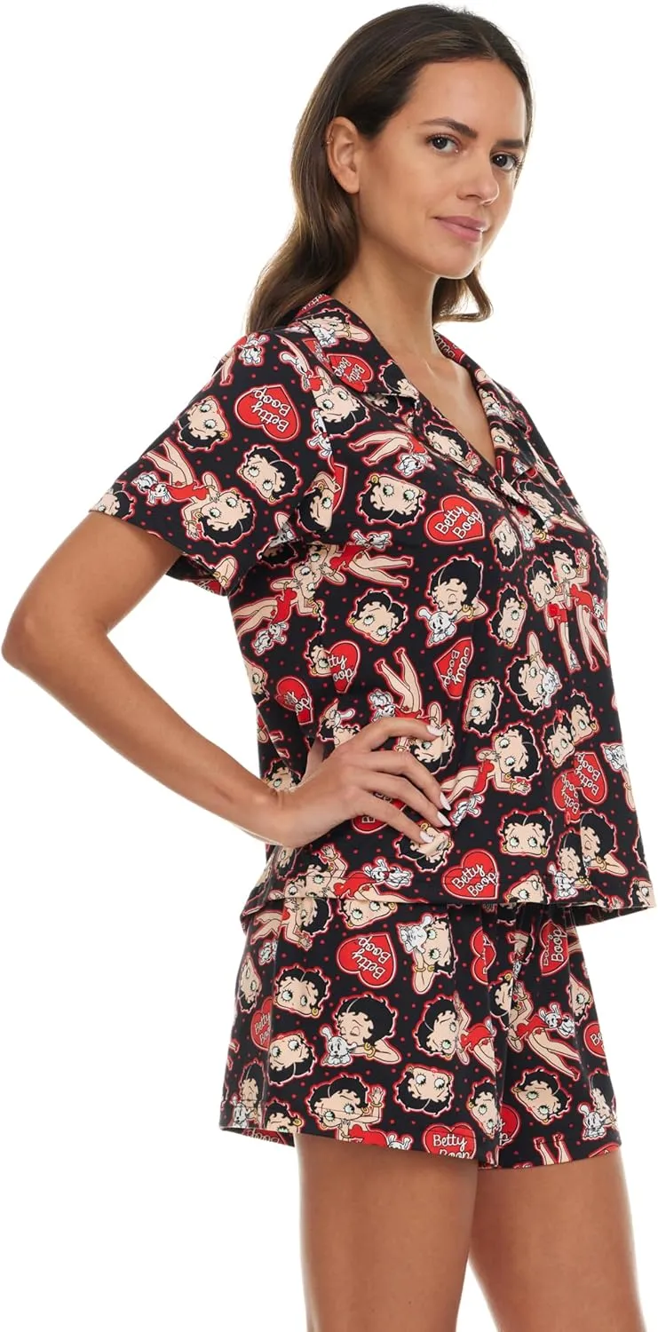 Betty Boop Women’s Pajama Set, Soft Stretchy Pajama Shorts & Short Sleeve, Notch Collar, Button Down Top