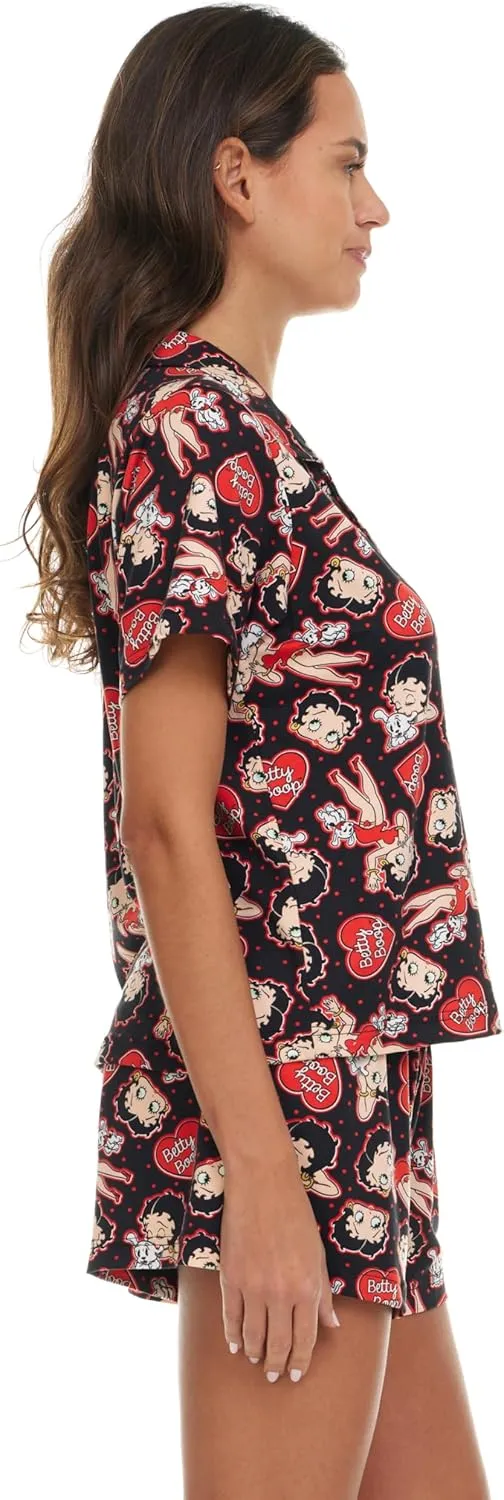 Betty Boop Women’s Pajama Set, Soft Stretchy Pajama Shorts & Short Sleeve, Notch Collar, Button Down Top