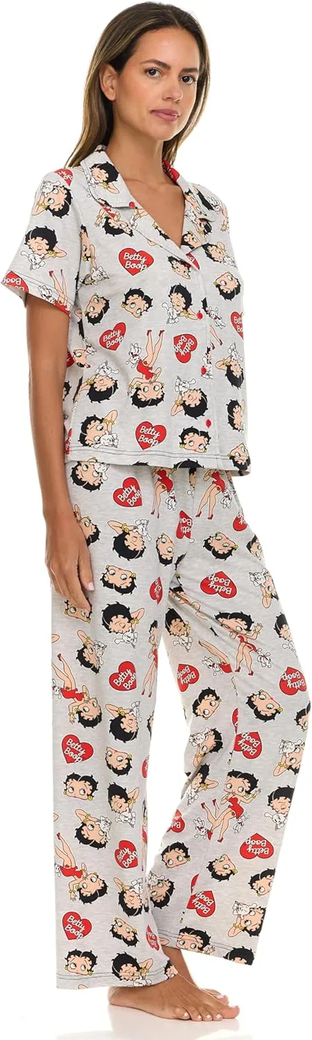 Betty Boop Women’s Pajama Set, Soft Stretchy Pajamas with Pants and Short Sleeve, Notch Collar & Button Down Top