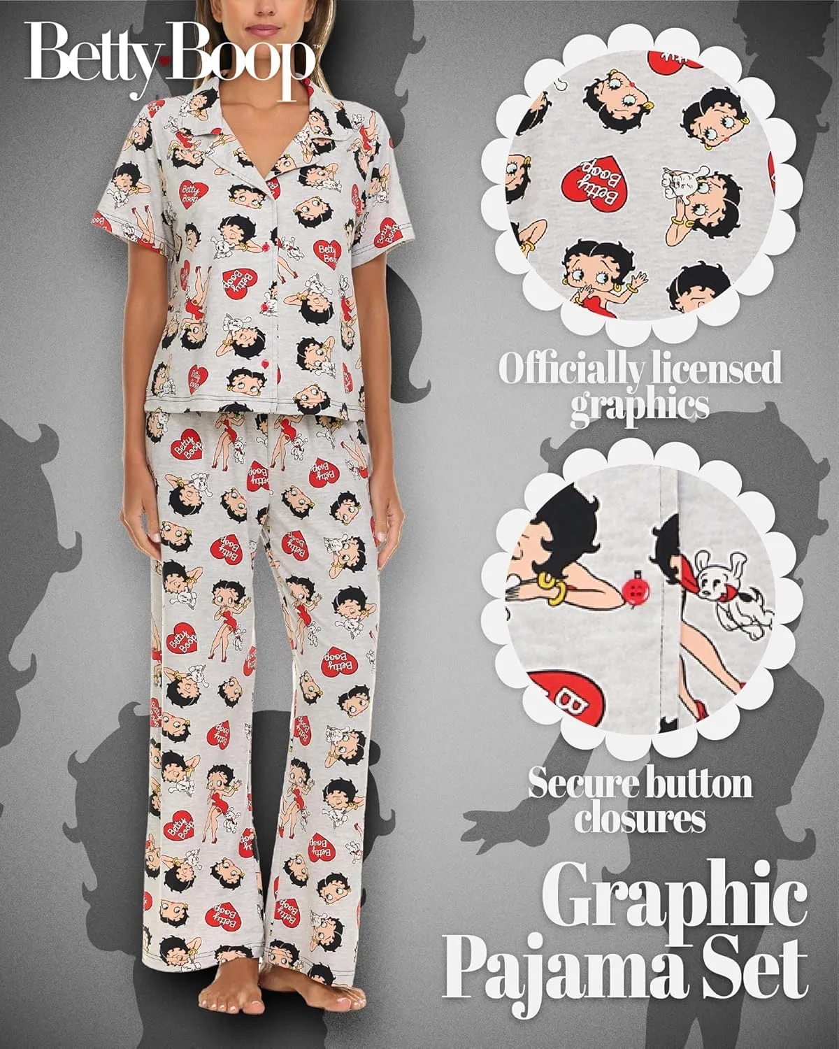 Betty Boop Women’s Pajama Set, Soft Stretchy Pajamas with Pants and Short Sleeve, Notch Collar & Button Down Top