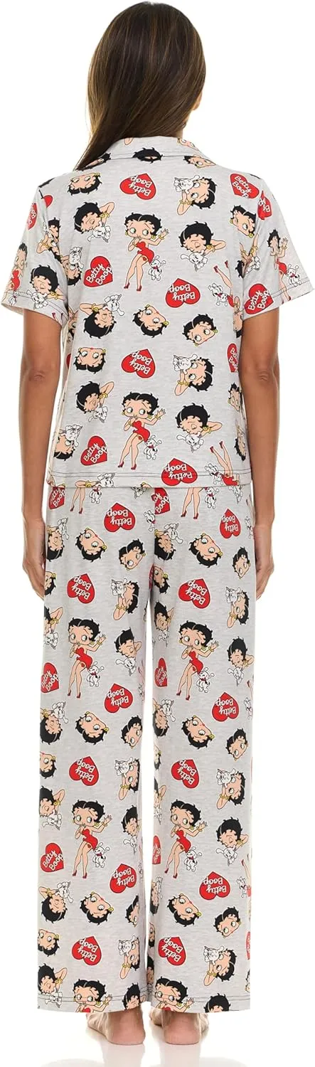 Betty Boop Women’s Pajama Set, Soft Stretchy Pajamas with Pants and Short Sleeve, Notch Collar & Button Down Top