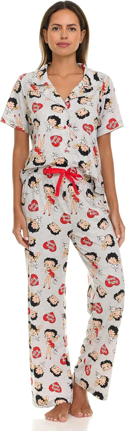 Betty Boop Women’s Pajama Set, Soft Stretchy Pajamas with Pants and Short Sleeve, Notch Collar & Button Down Top