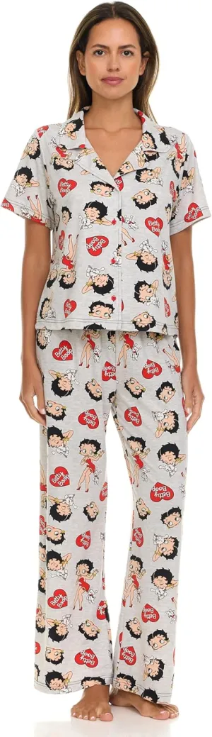 Betty Boop Women’s Pajama Set, Soft Stretchy Pajamas with Pants and Short Sleeve, Notch Collar & Button Down Top