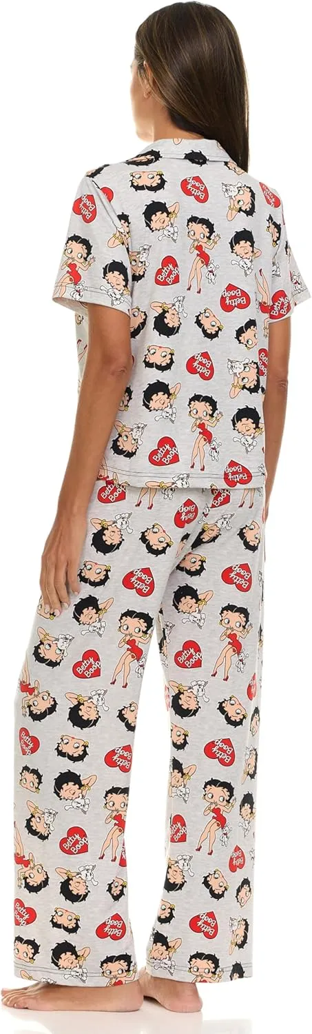 Betty Boop Women’s Pajama Set, Soft Stretchy Pajamas with Pants and Short Sleeve, Notch Collar & Button Down Top