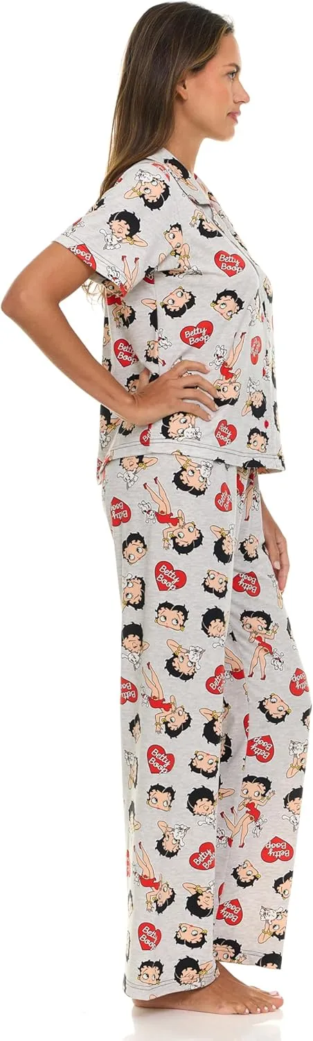 Betty Boop Women’s Pajama Set, Soft Stretchy Pajamas with Pants and Short Sleeve, Notch Collar & Button Down Top