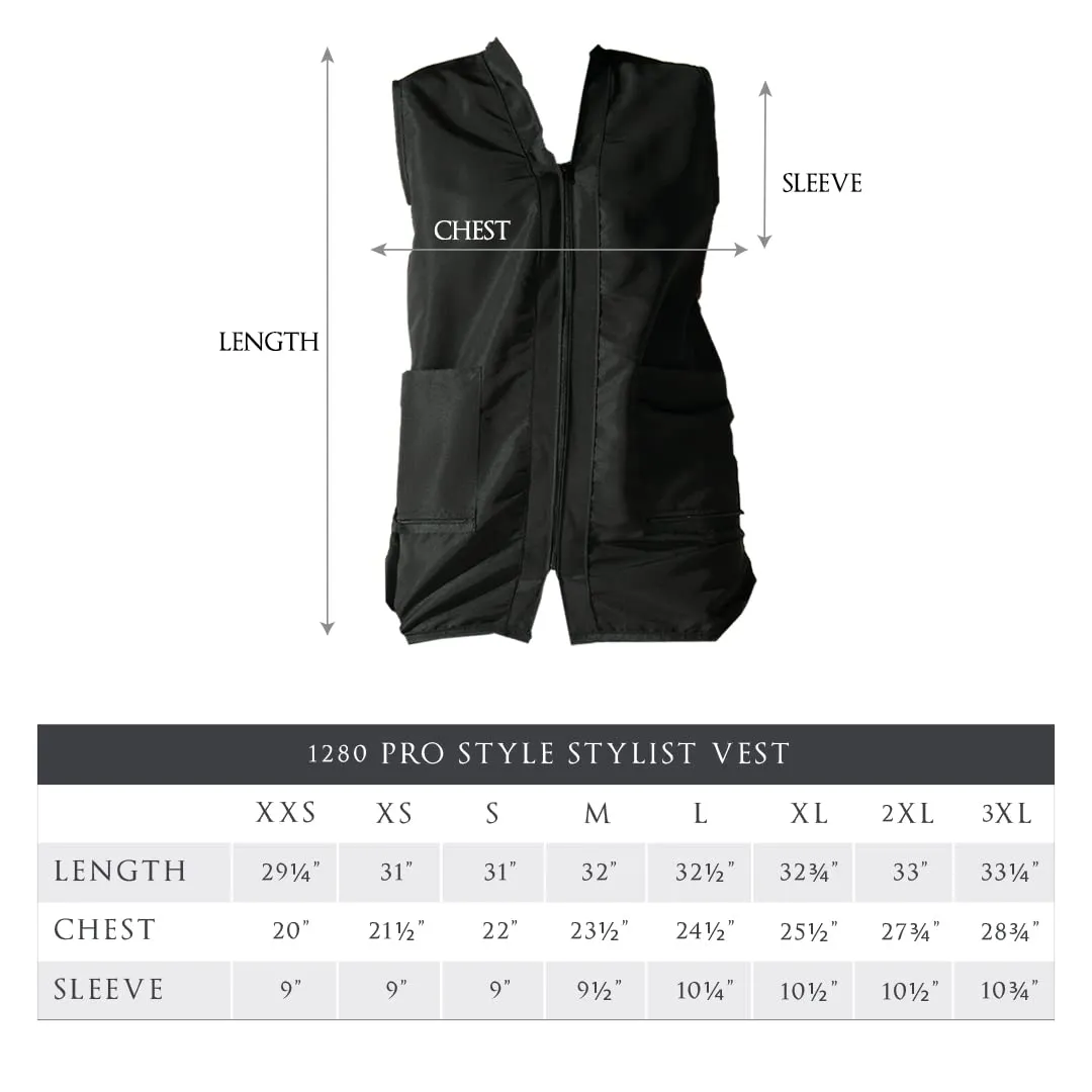 Betty Dain Professional Zip Front Salon Stylist Vest, V-Neck, Iridescent Fabric, Adjustable Belt, Two Lower Pockets with Zippered Bottoms, Lightweight, Machine Washable Nylon, Black, XS