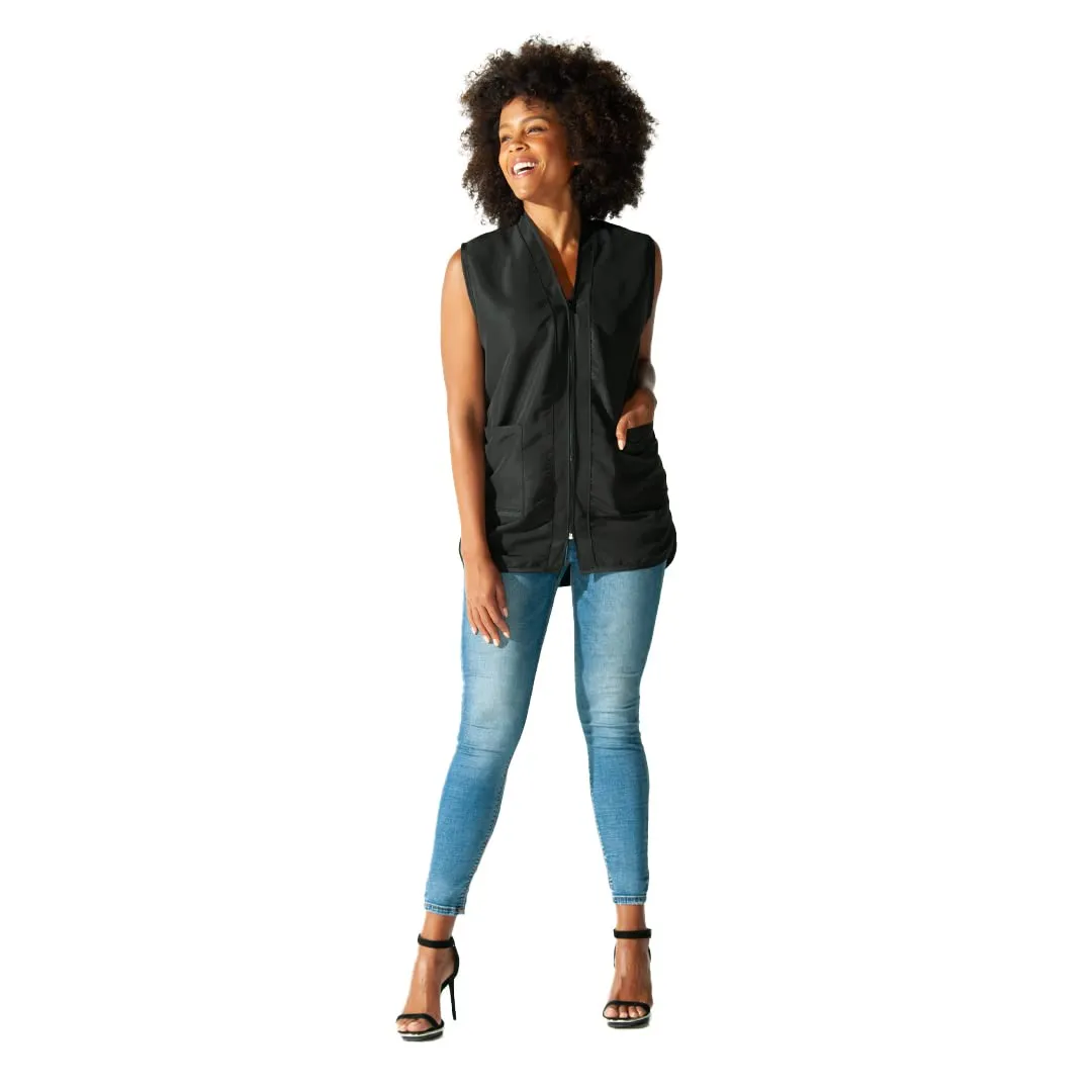 Betty Dain Professional Zip Front Salon Stylist Vest, V-Neck, Iridescent Fabric, Adjustable Belt, Two Lower Pockets with Zippered Bottoms, Lightweight, Machine Washable Nylon, Black, XS
