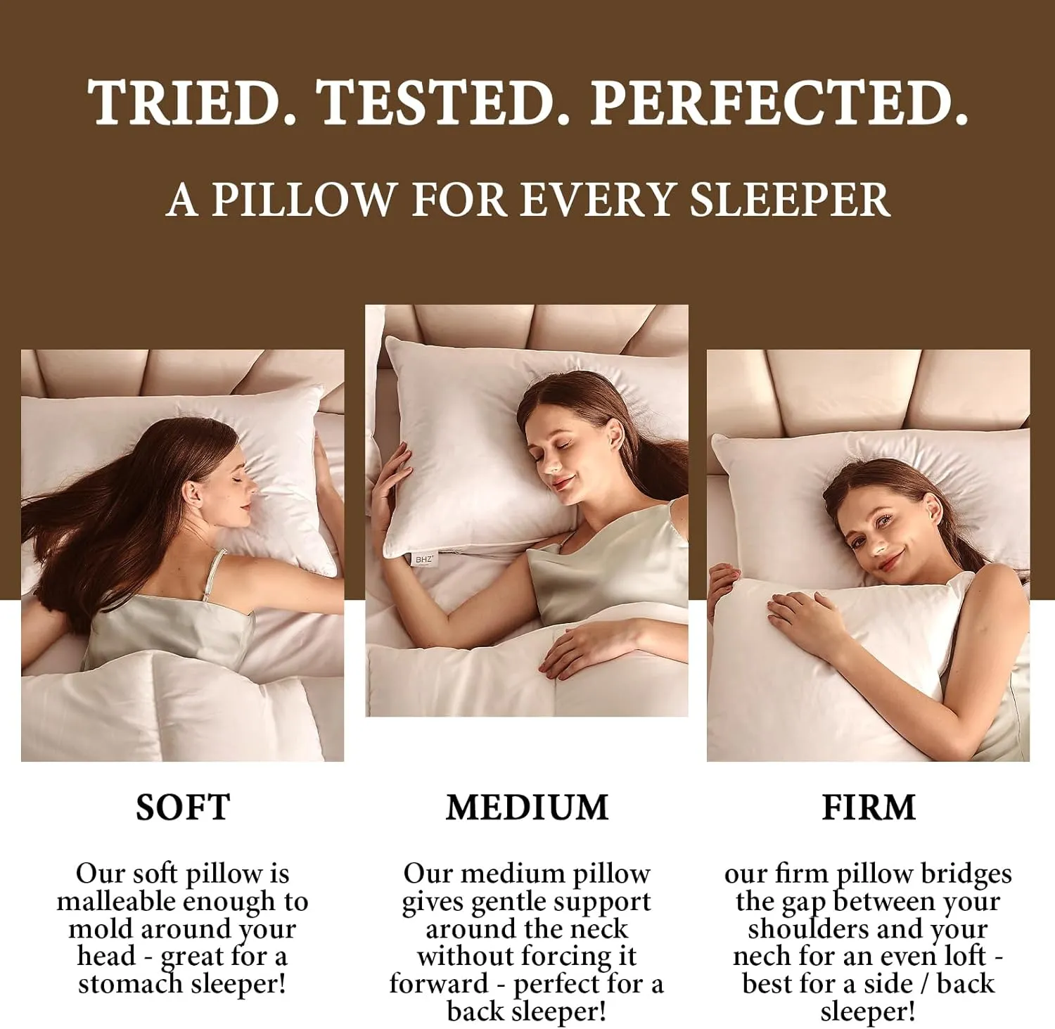 BHZ Goose Down Feather Pillows Queen Size Set of 2, Hotel Collection Bed Pillows for Sleeping Medium Firm Soft Support Pillow for Side and Back Sleepers with 100% Cotton Fabric