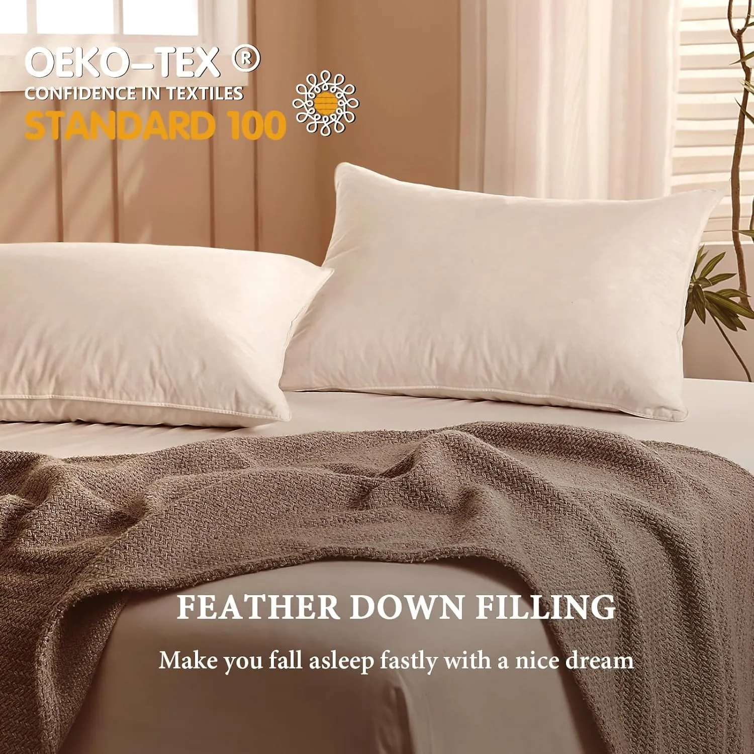 BHZ Goose Down Feather Pillows Queen Size Set of 2, Hotel Collection Bed Pillows for Sleeping Medium Firm Soft Support Pillow for Side and Back Sleepers with 100% Cotton Fabric
