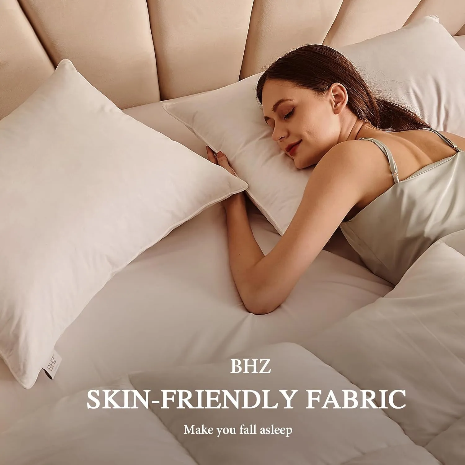BHZ Goose Down Feather Pillows Queen Size Set of 2, Hotel Collection Bed Pillows for Sleeping Medium Firm Soft Support Pillow for Side and Back Sleepers with 100% Cotton Fabric