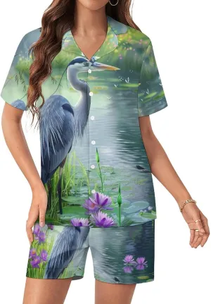 Biding Time Great Blue Heron Women's Satin Pajama Set Short Sleeve Button Down Sleepwear Loungewear Pj Set