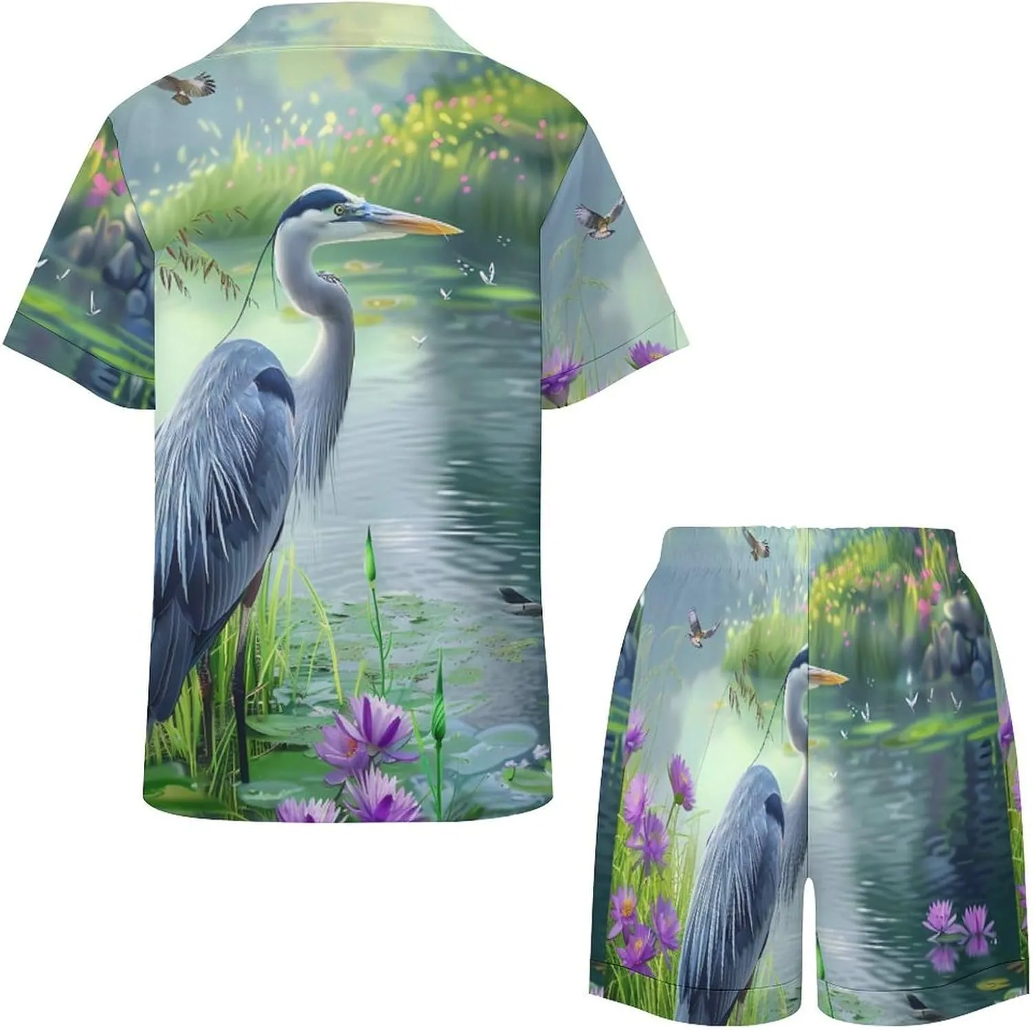 Biding Time Great Blue Heron Women's Satin Pajama Set Short Sleeve Button Down Sleepwear Loungewear Pj Set
